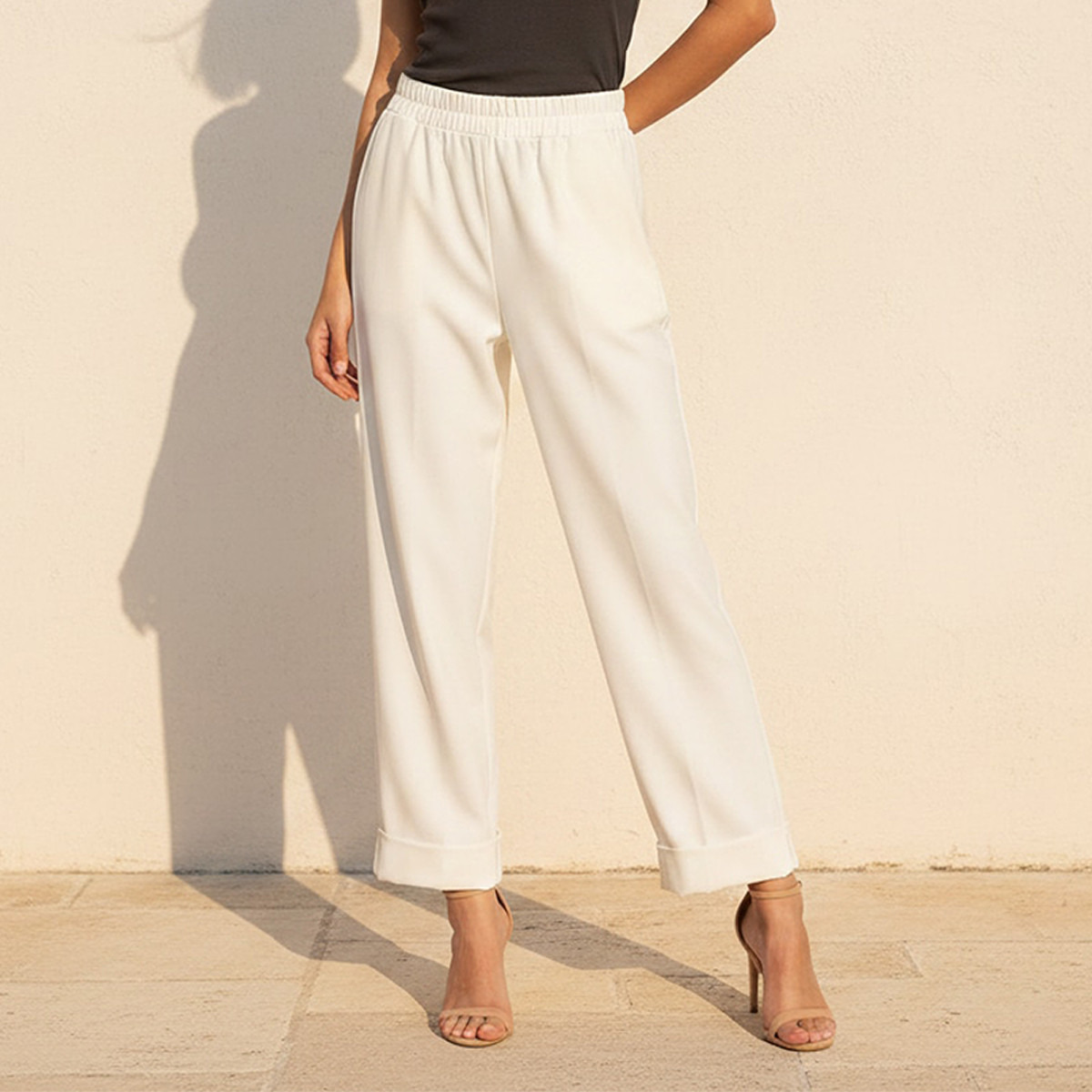 Elasticated Waist Turn Up Trousers-women-clothing-bottoms-trousers-image-1