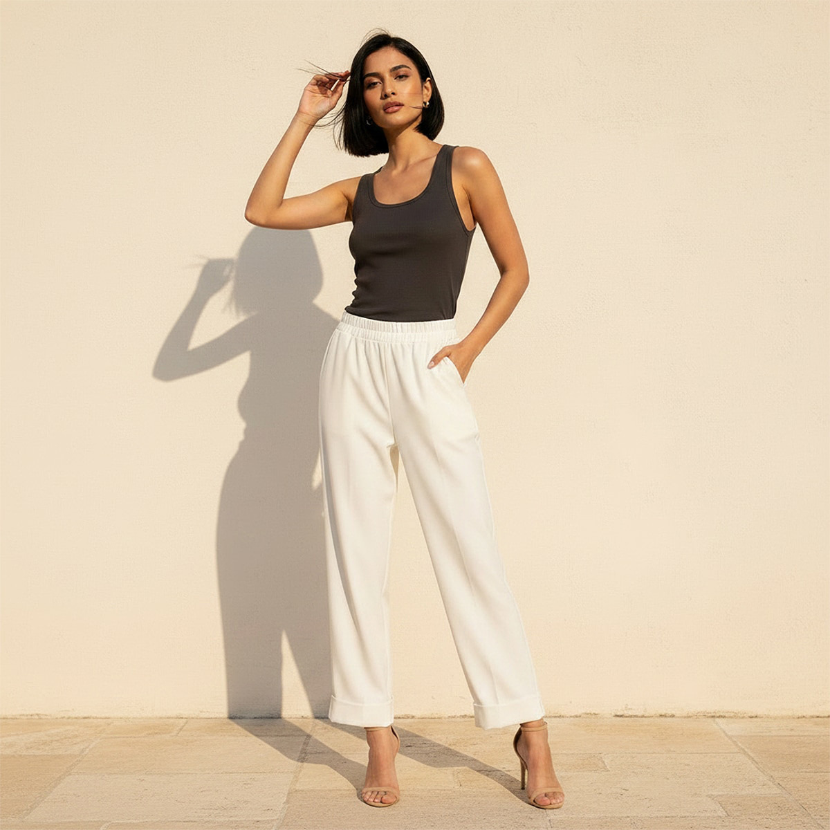 Elasticated Waist Turn Up Trousers-women-clothing-bottoms-trousers-image-3