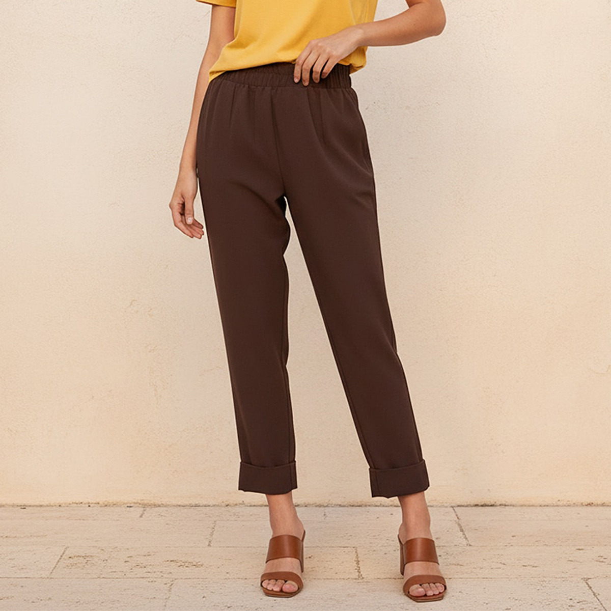 Elasticated Waist Turn Up Trousers-women-clothing-bottoms-trousers-image-1