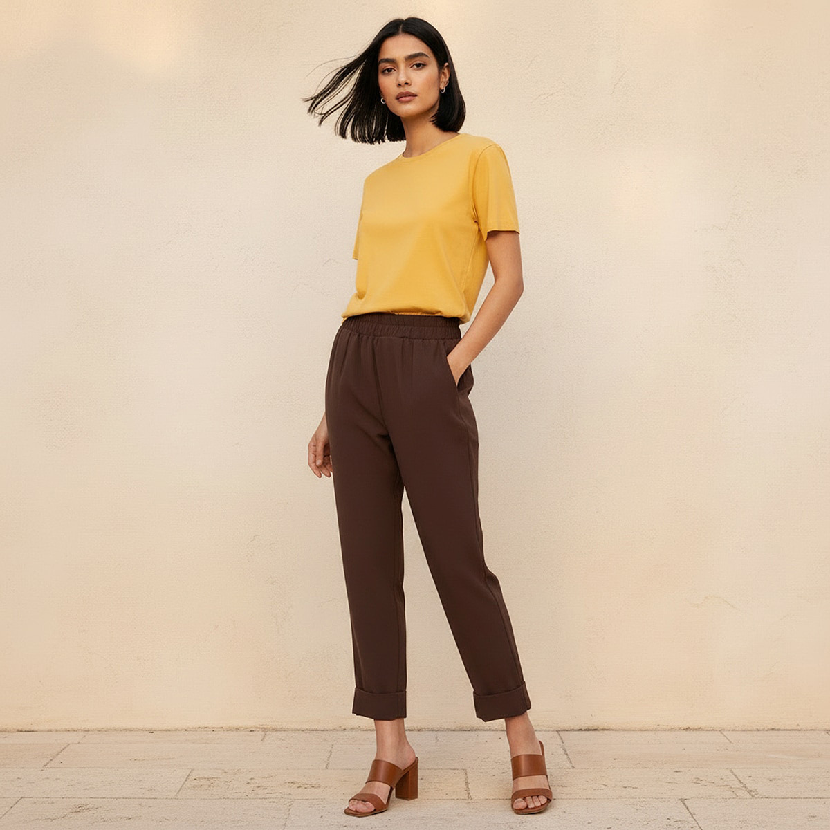 Elasticated Waist Turn Up Trousers-women-clothing-bottoms-trousers-image-3