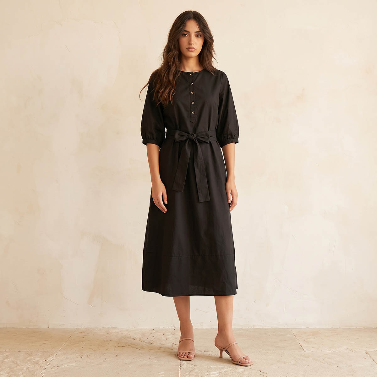 فستان ميدي بوبلين بقصة إيه لاين وحزام رباط-women-clothing-dresses-image-1