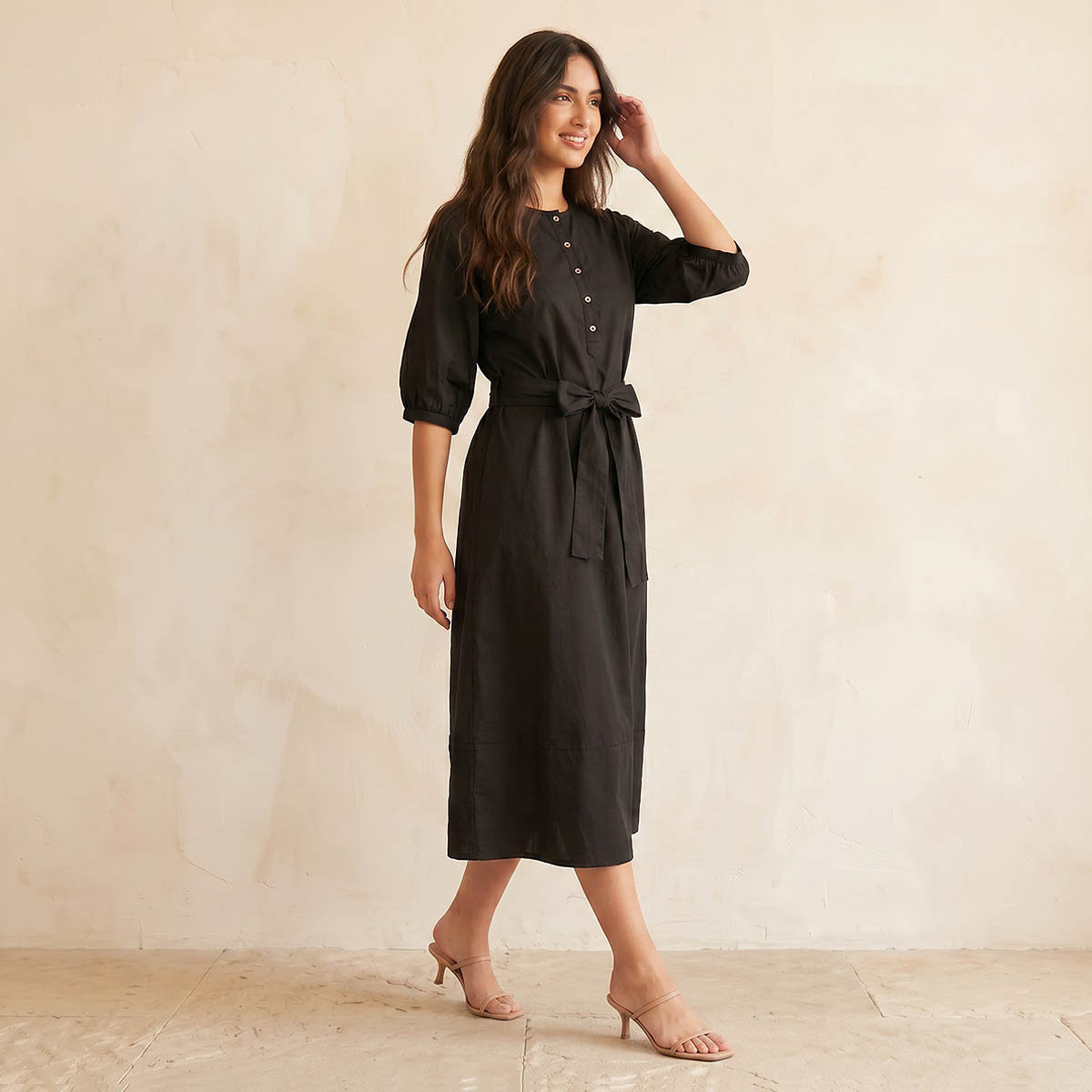 فستان ميدي بوبلين بقصة إيه لاين وحزام رباط-women-clothing-dresses-image-3
