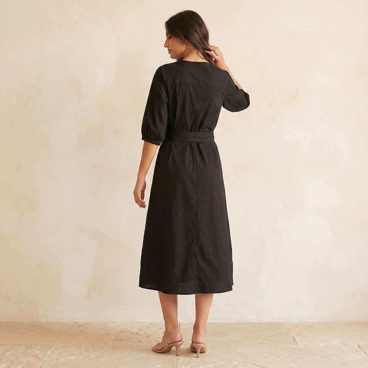 فستان ميدي بوبلين بقصة إيه لاين وحزام رباط-women-clothing-dresses-image-4