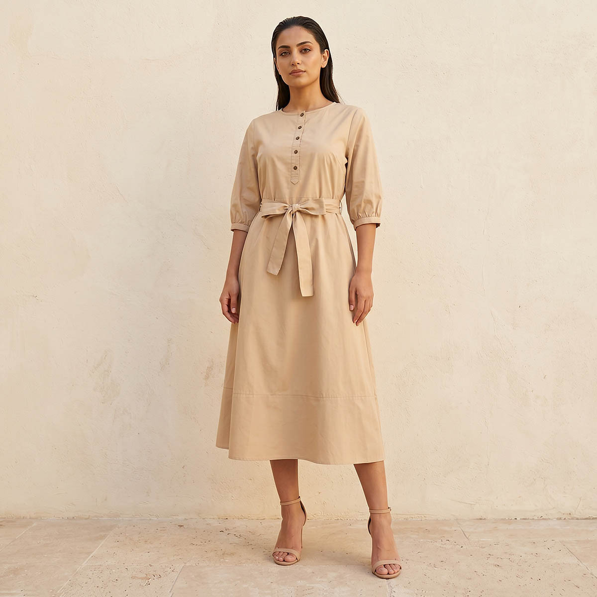 فستان ميدي بوبلين بقصة إيه لاين وحزام رباط-women-clothing-dresses-image-1