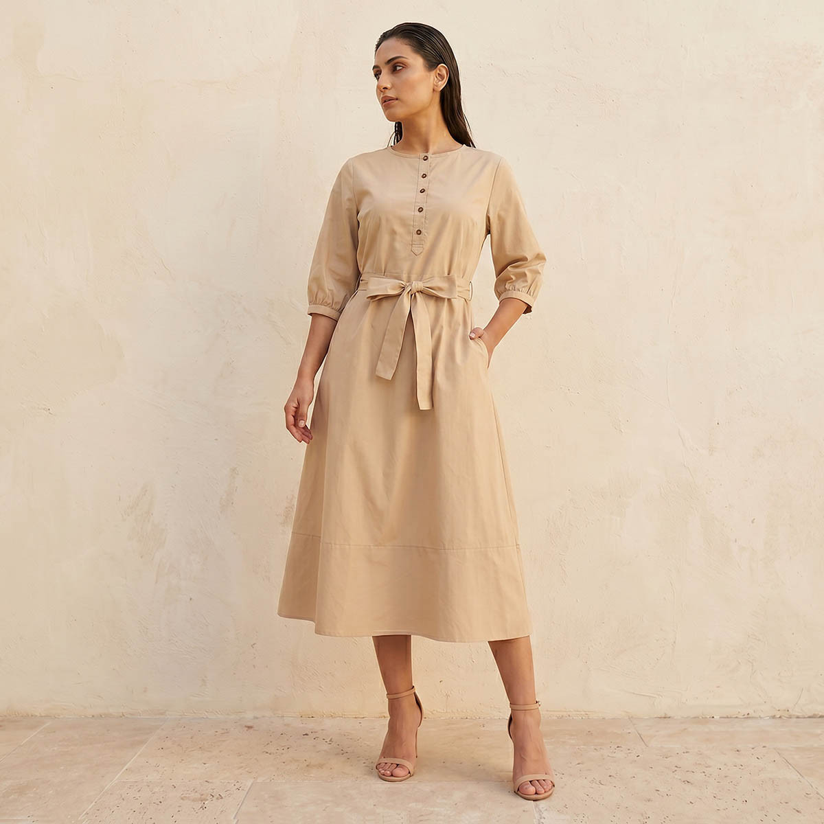 فستان ميدي بوبلين بقصة إيه لاين وحزام رباط-women-clothing-dresses-image-3