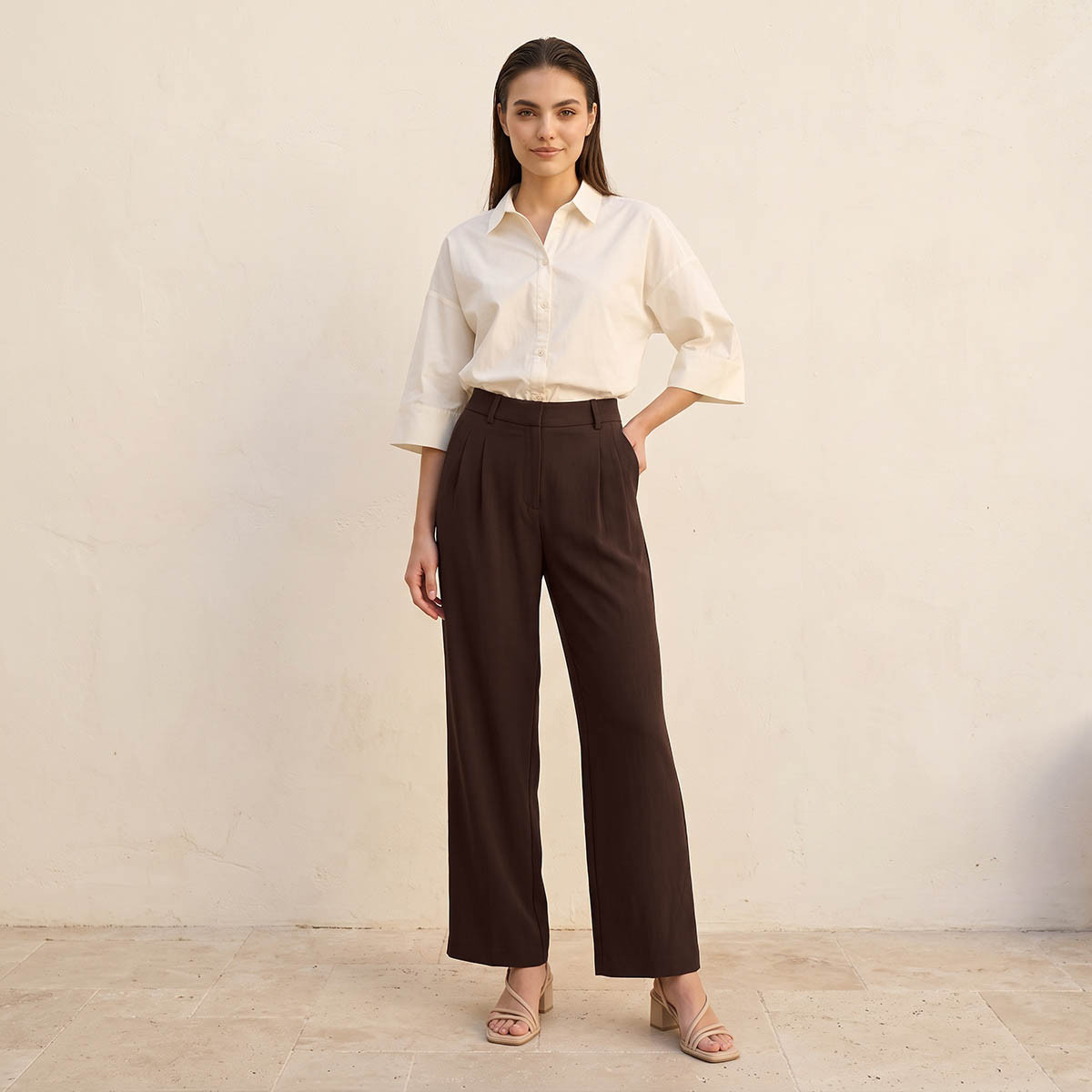 Splash Smart Straight Fit Belt Loop Waist Pleated Trousers-women-clothing-trousers-image-3