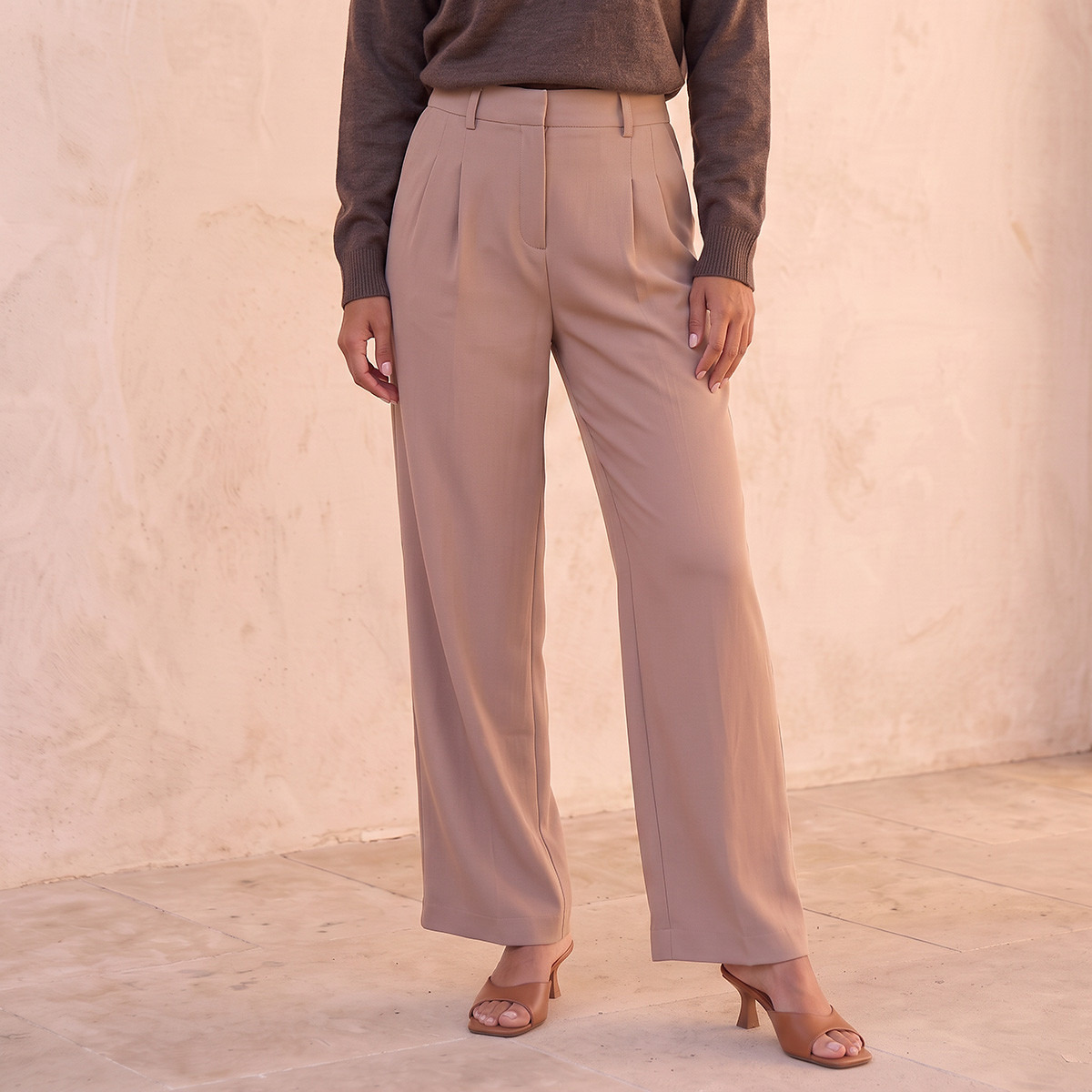 Splash Smart Straight Fit Belt Loop Waist Pleated Trousers-women-clothing-trousers-image-1