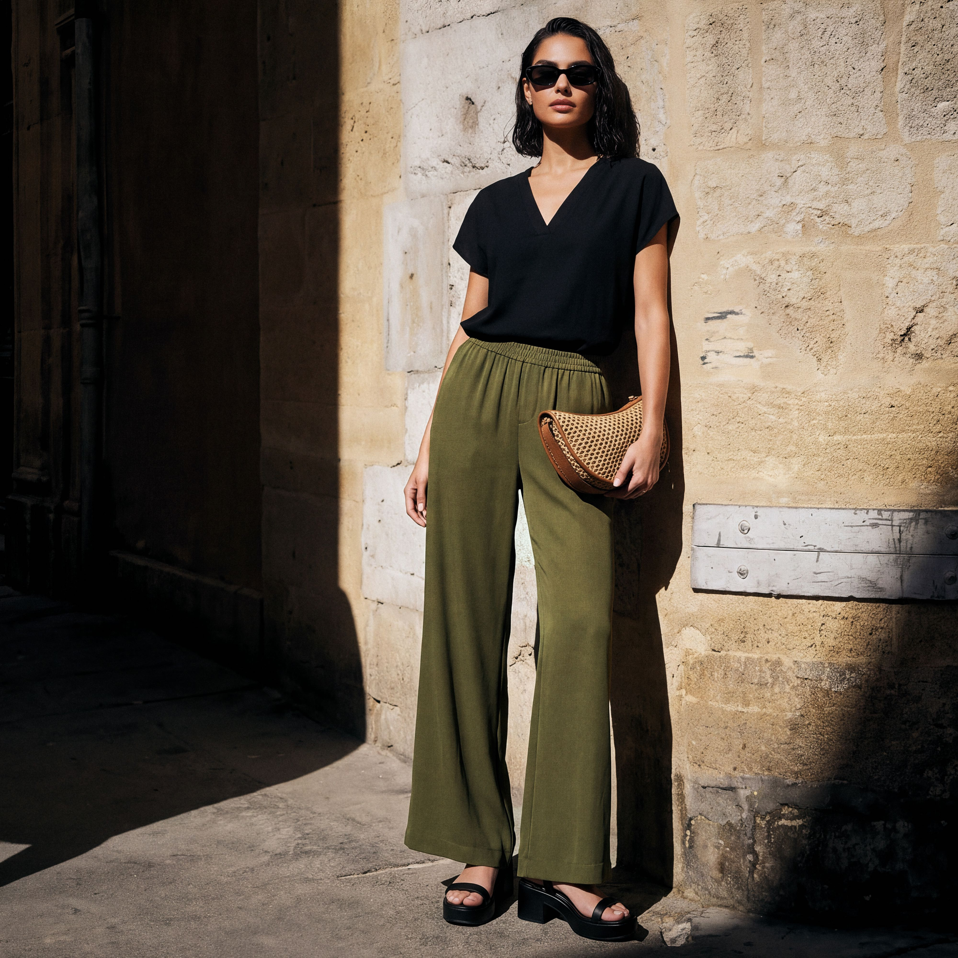 Splash Smart Wide Leg Elastic Waist Pants-women-clothing-trousers-image-1