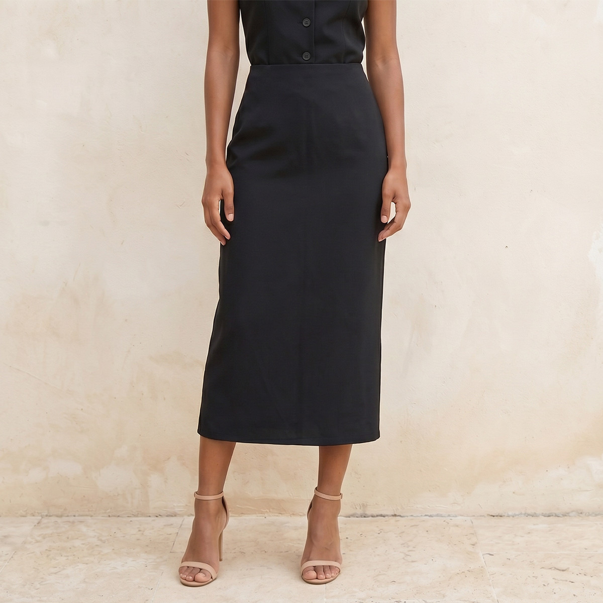 Splash Smart Midi Length Column Skirt with Slit Detail-women-clothing-skirts-image-1