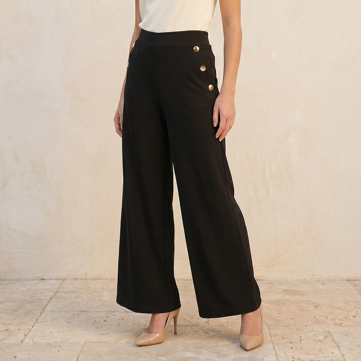 بنطلون واسع بخصر مطاطي وتفاصيل أزرار من سبلاش سمارت-women-clothing-trousers-image-1