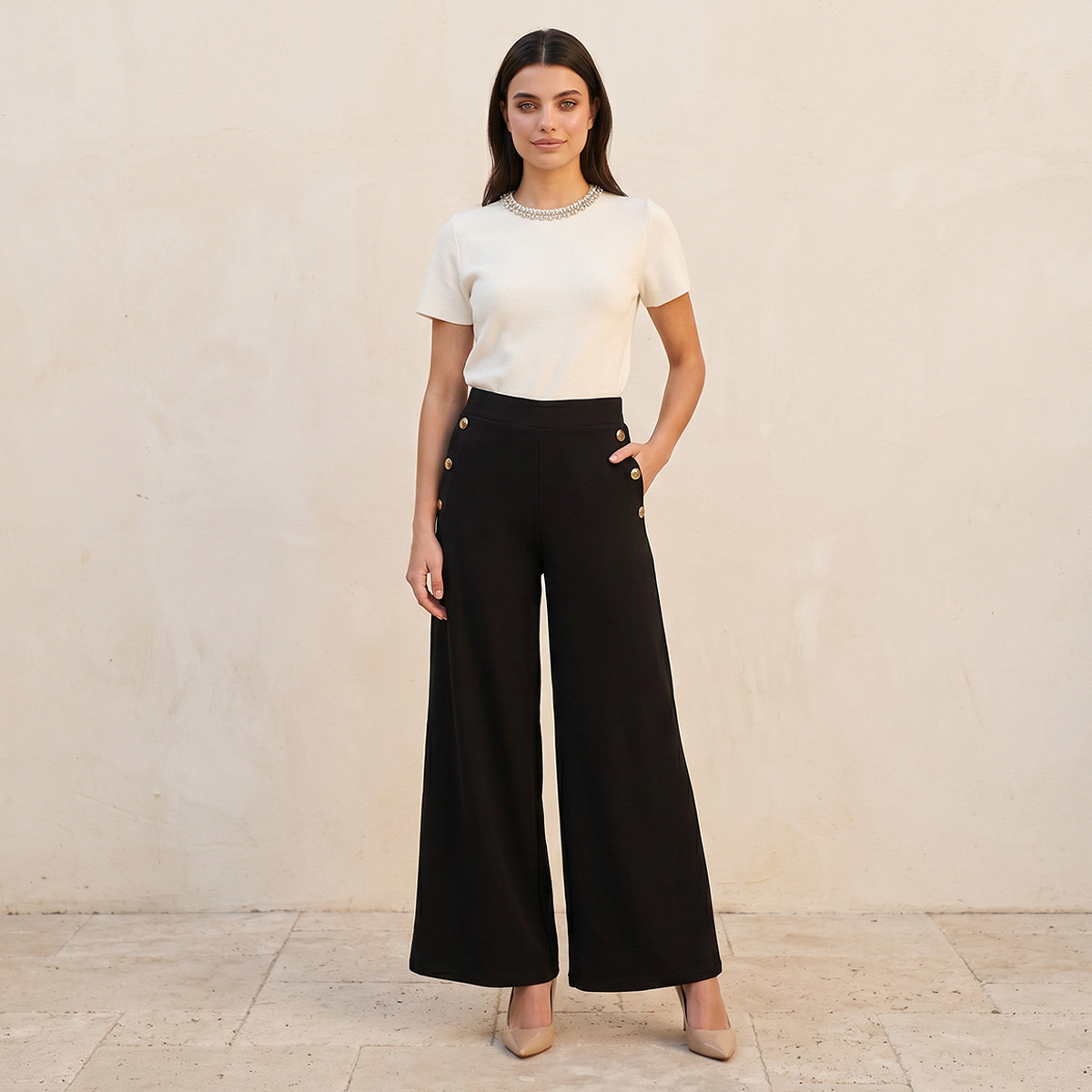 بنطلون واسع بخصر مطاطي وتفاصيل أزرار من سبلاش سمارت-women-clothing-trousers-image-3