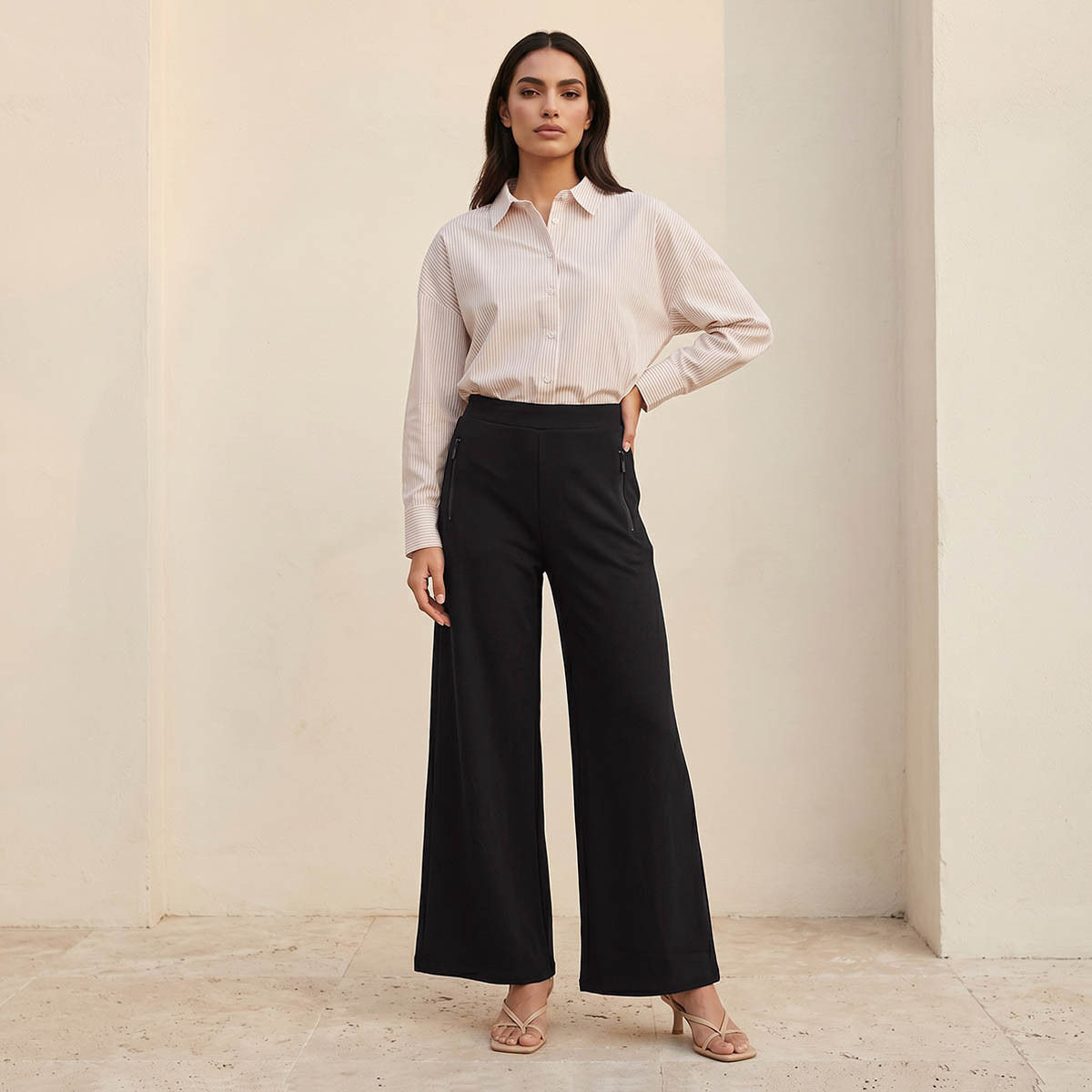 بنطلون بونتي بساق واسعة وجيوب سحاب من سبلاش سمارت-women-clothing-trousers-image-3