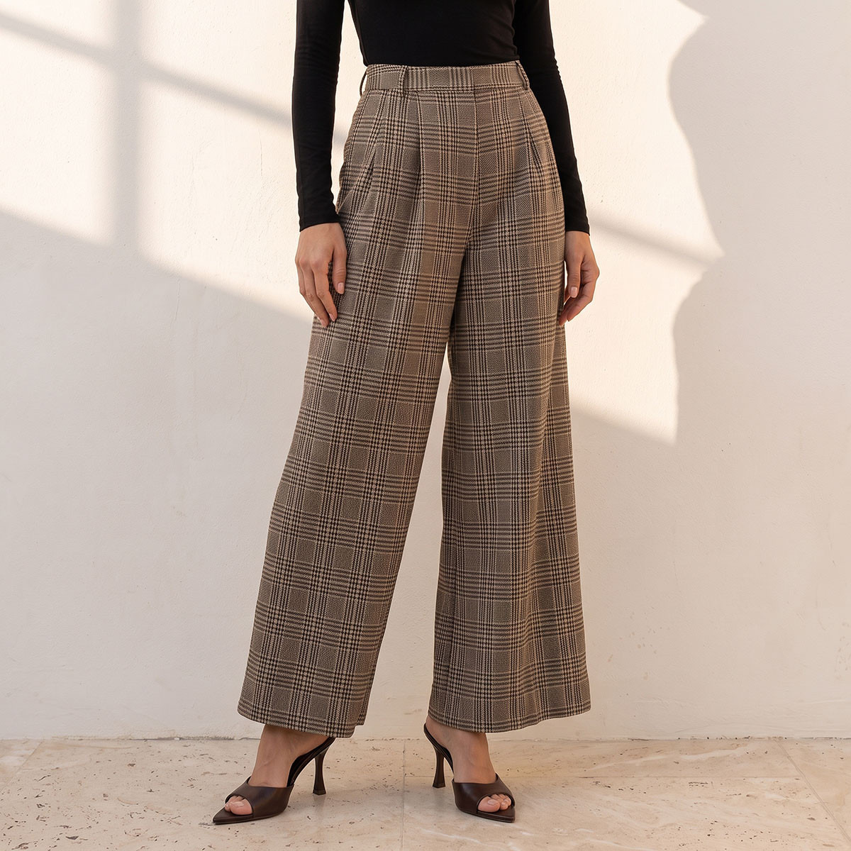 Splash Smart Wide Leg Checked Trousers-women-clothing-trousers-image-2