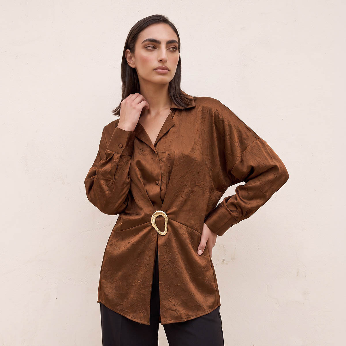 Splash Smart Textured Shirt with Buckle Detail-women-clothing-shirtsandblouses-shirts-image-2