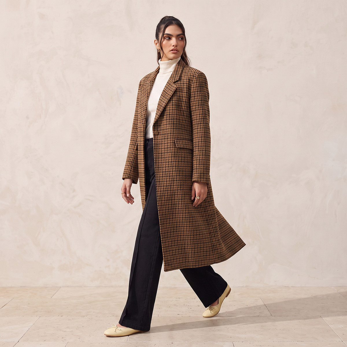 Splash Smart Long Trench Coat with Checked Detail-women-winterwear-coatsandjackets-coats-image-2