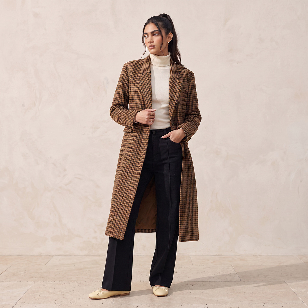 Splash Smart Long Trench Coat with Checked Detail-women-winterwear-coatsandjackets-coats-image-3
