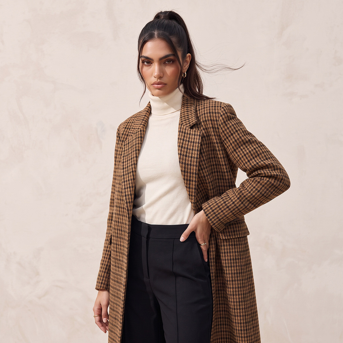 Splash Smart Long Trench Coat with Checked Detail-women-winterwear-coatsandjackets-coats-image-5