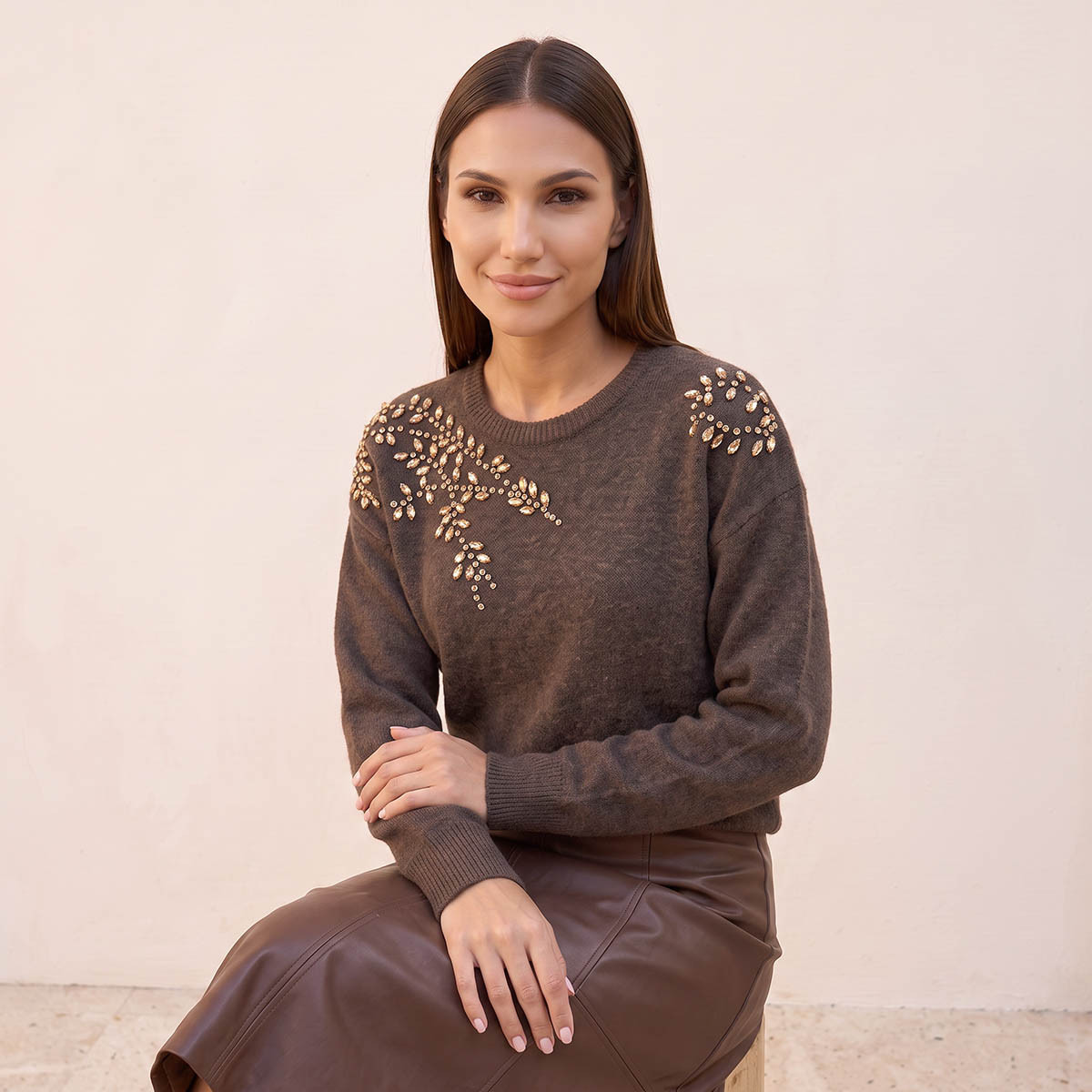 Splash Smart Leaf Embellished Sweater with Crew Neck-women-winterwear-cardigansandjumpers-jumpers-image-6