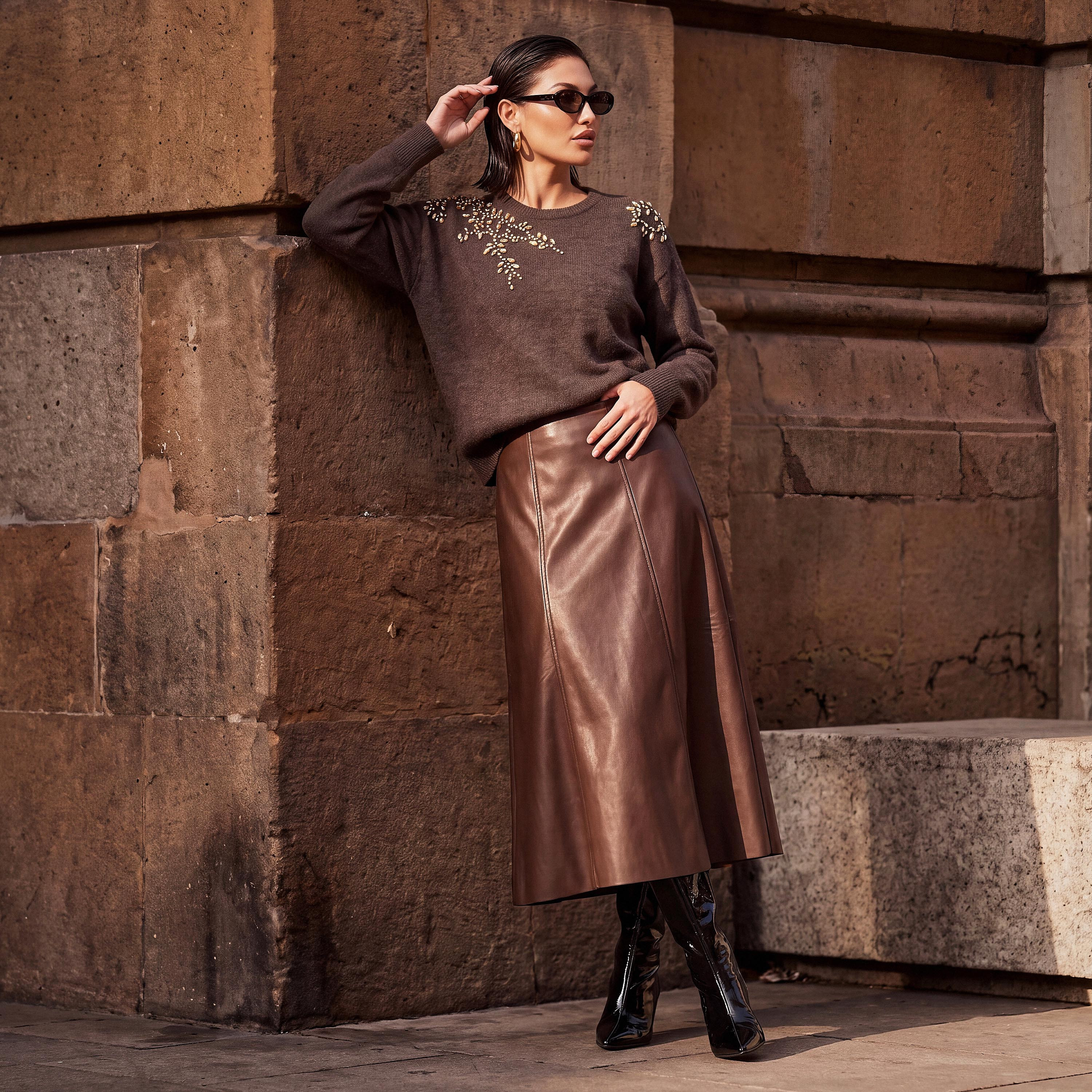 Splash Smart Leaf Embellished Sweater with Crew Neck-women-winterwear-cardigansandjumpers-jumpers-image-1