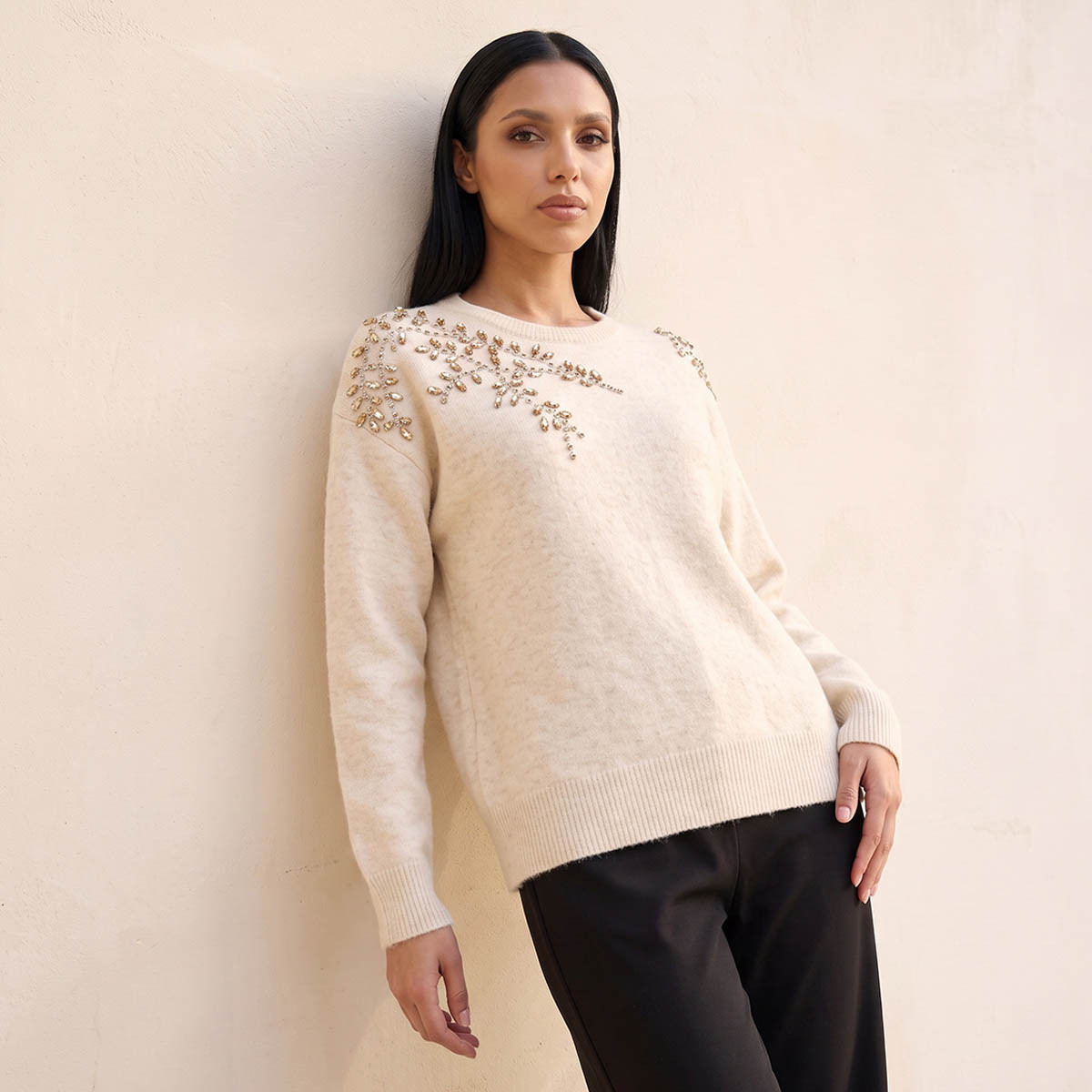 Splash Smart Leaf Embellished Sweater with Crew Neck-women-winterwear-cardigansandjumpers-jumpers-image-2