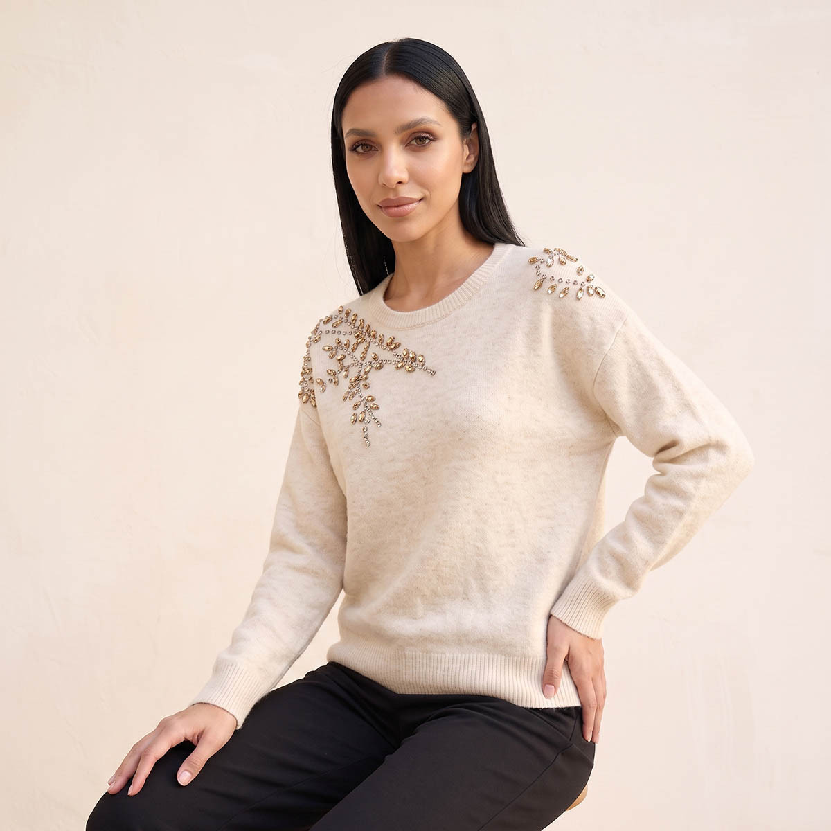 Splash Smart Leaf Embellished Sweater with Crew Neck-women-winterwear-cardigansandjumpers-jumpers-image-7