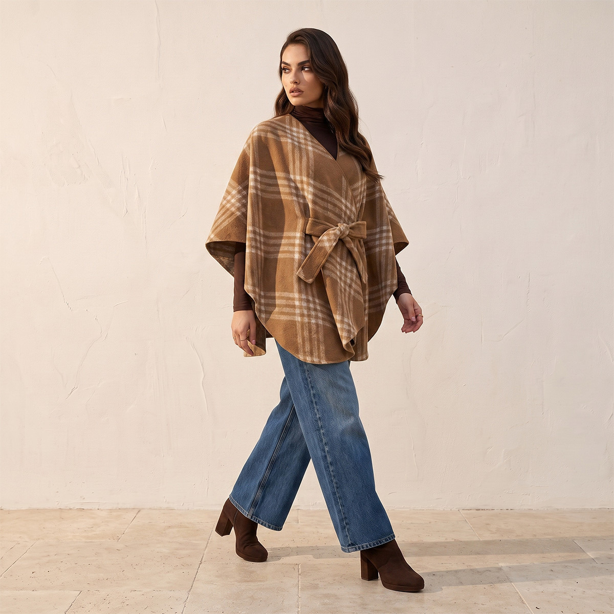 Splash Smart Relaxed Fit Checked Poncho with Tie-Up Belt-women-winterwear-cardigansandjumpers-cardigans-image-2