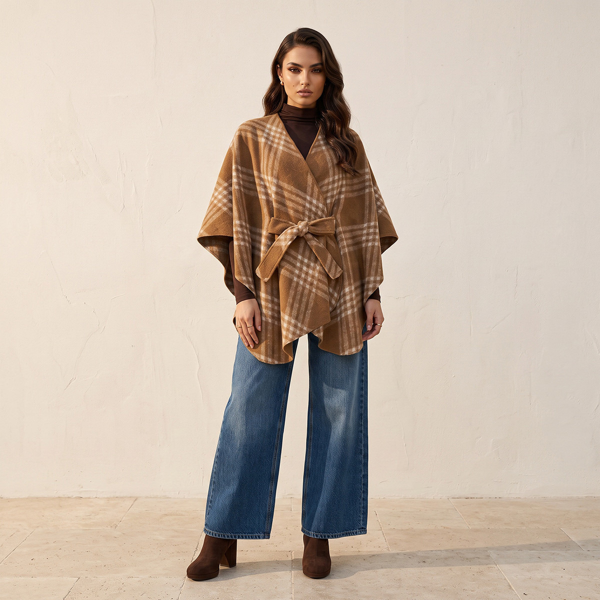 Splash Smart Relaxed Fit Checked Poncho with Tie-Up Belt-women-winterwear-cardigansandjumpers-cardigans-image-3