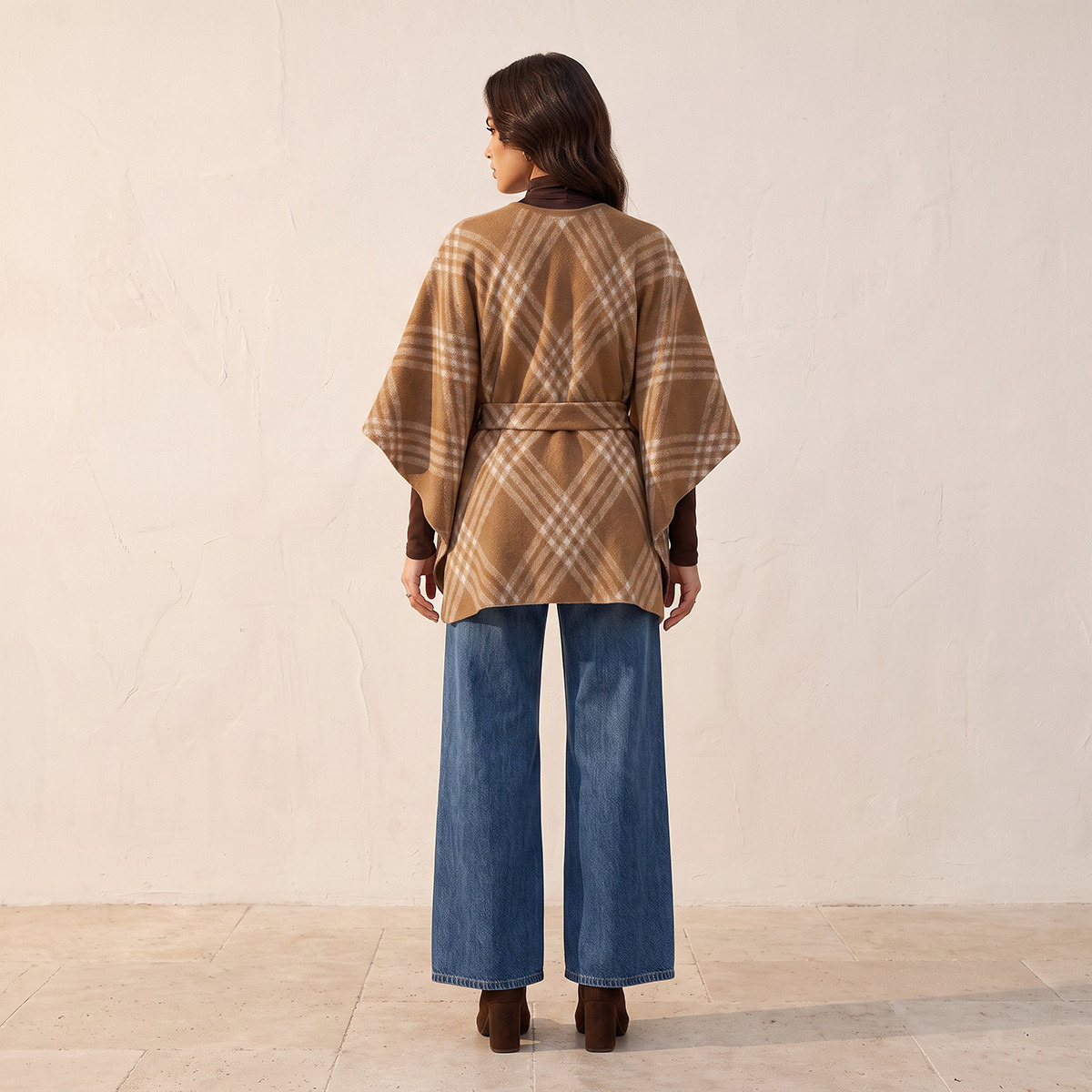 Splash Smart Relaxed Fit Checked Poncho with Tie-Up Belt-women-winterwear-cardigansandjumpers-cardigans-image-4
