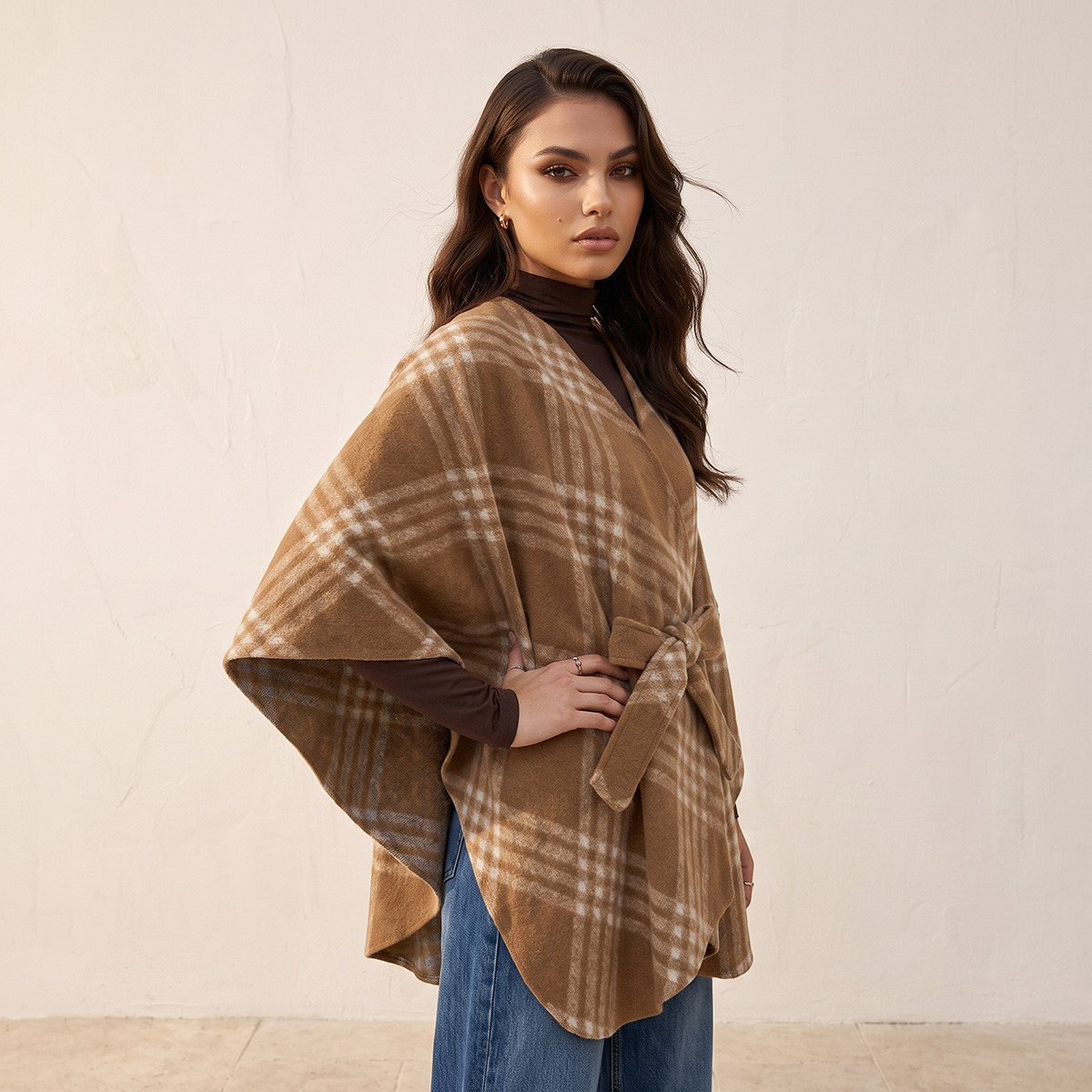 Splash Smart Relaxed Fit Checked Poncho with Tie-Up Belt-women-winterwear-cardigansandjumpers-cardigans-image-5