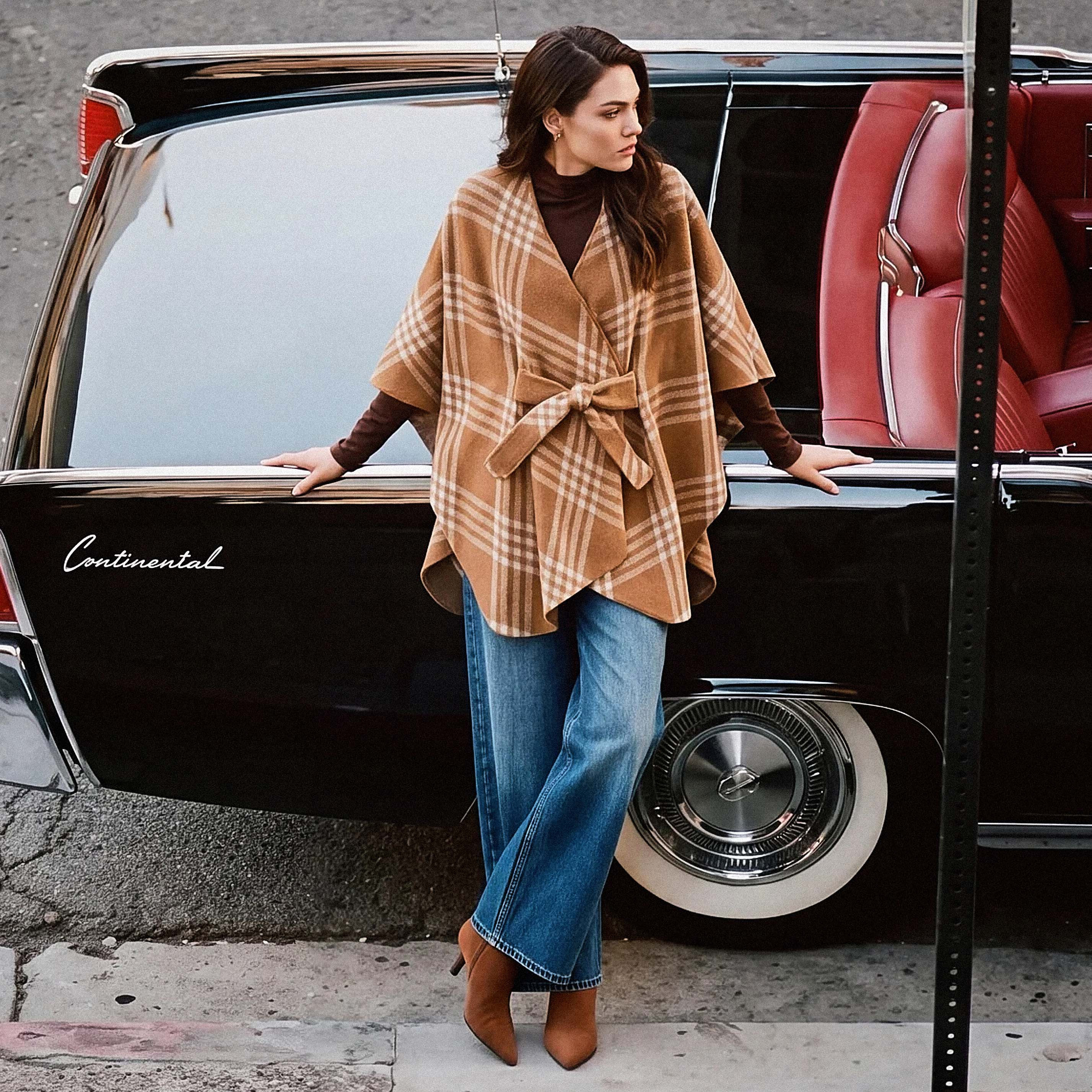 Splash Smart Relaxed Fit Checked Poncho with Tie-Up Belt-women-winterwear-cardigansandjumpers-cardigans-image-1