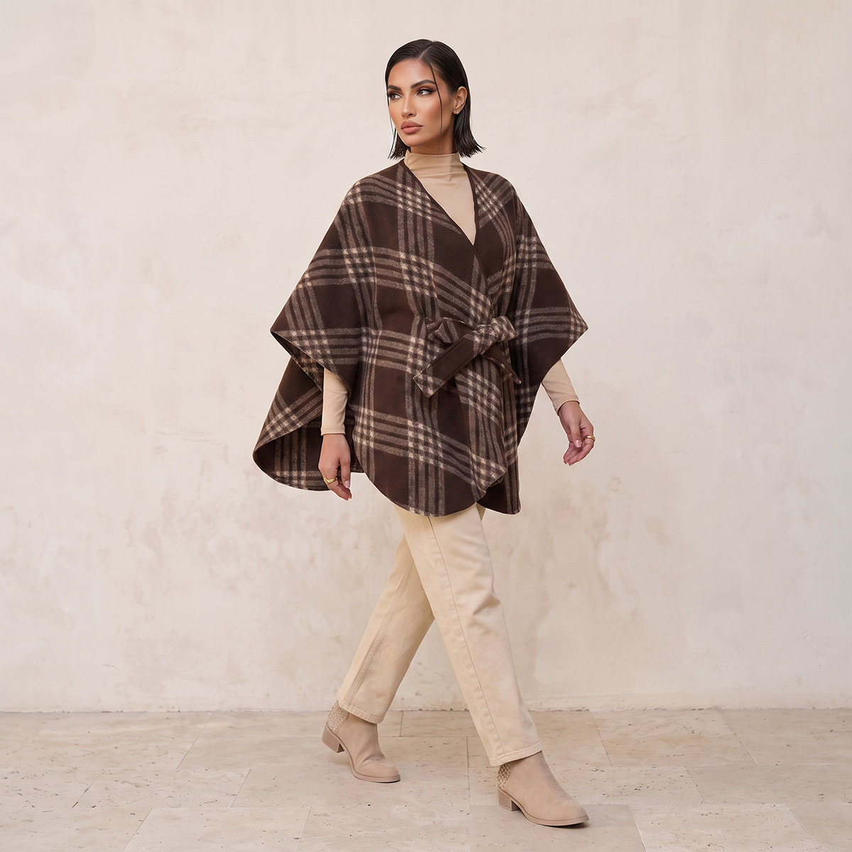 Splash Smart Relaxed Fit Checked Poncho with Tie-Up Belt-women-winterwear-cardigansandjumpers-cardigans-image-2