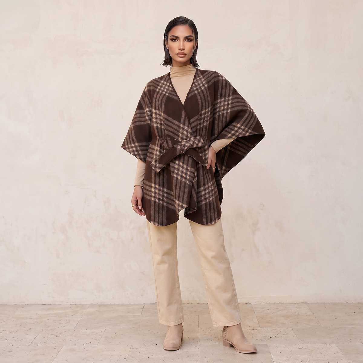 Splash Smart Relaxed Fit Checked Poncho with Tie-Up Belt-women-winterwear-cardigansandjumpers-cardigans-image-3