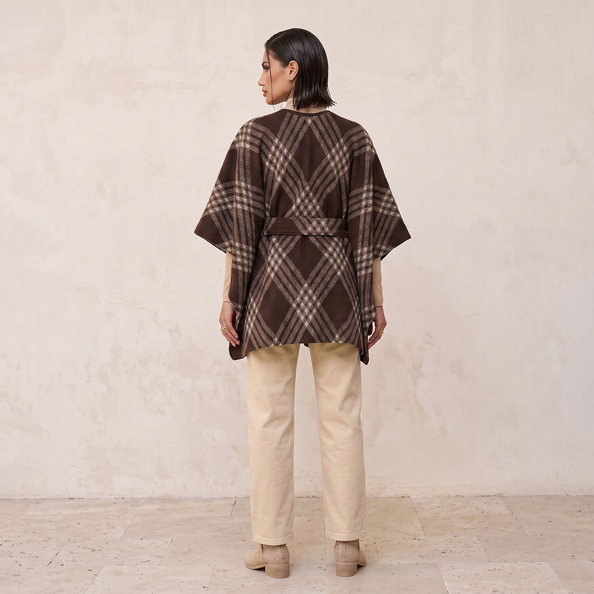 Splash Smart Relaxed Fit Checked Poncho with Tie-Up Belt-women-winterwear-cardigansandjumpers-cardigans-image-4