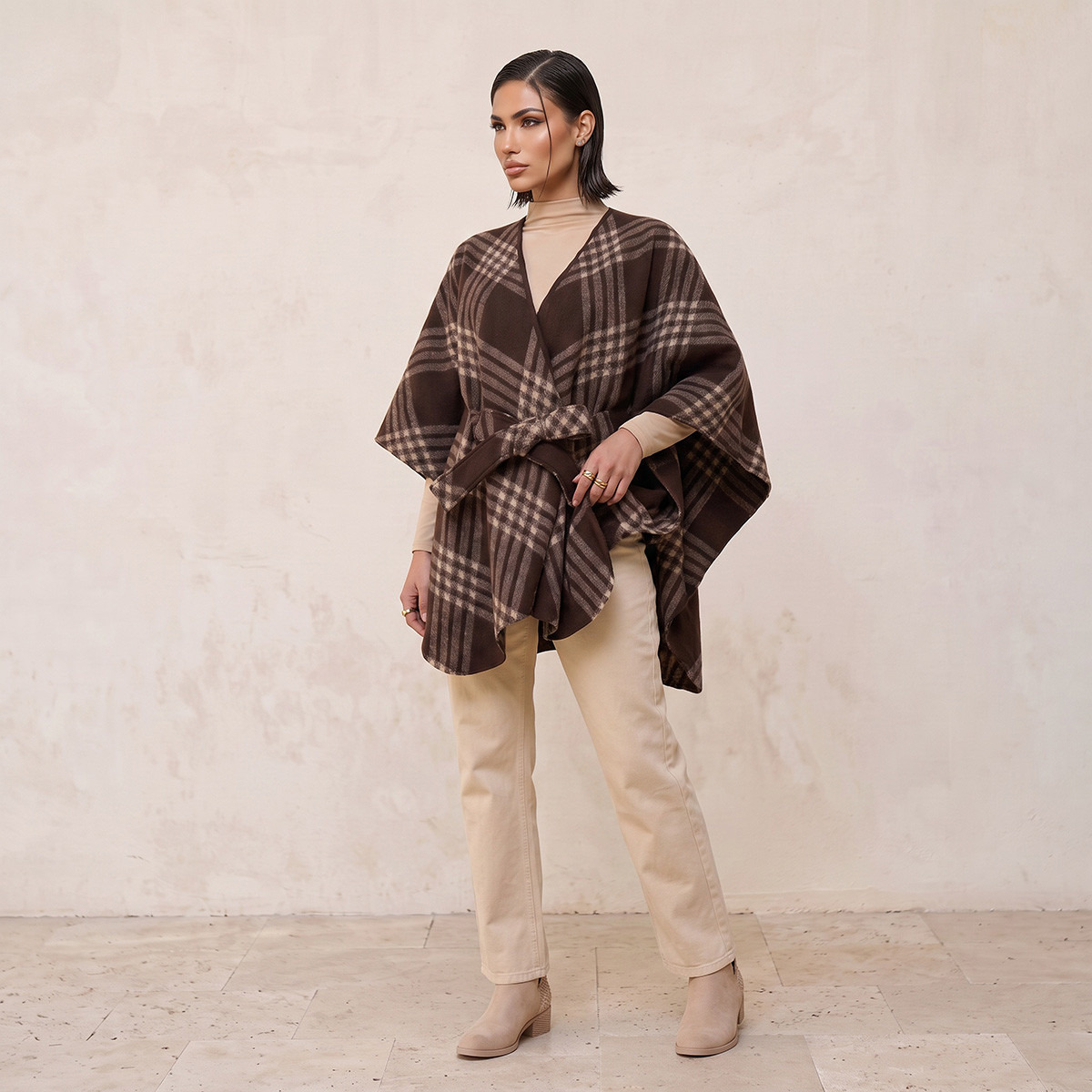 Splash Smart Relaxed Fit Checked Poncho with Tie-Up Belt-women-winterwear-cardigansandjumpers-cardigans-image-5