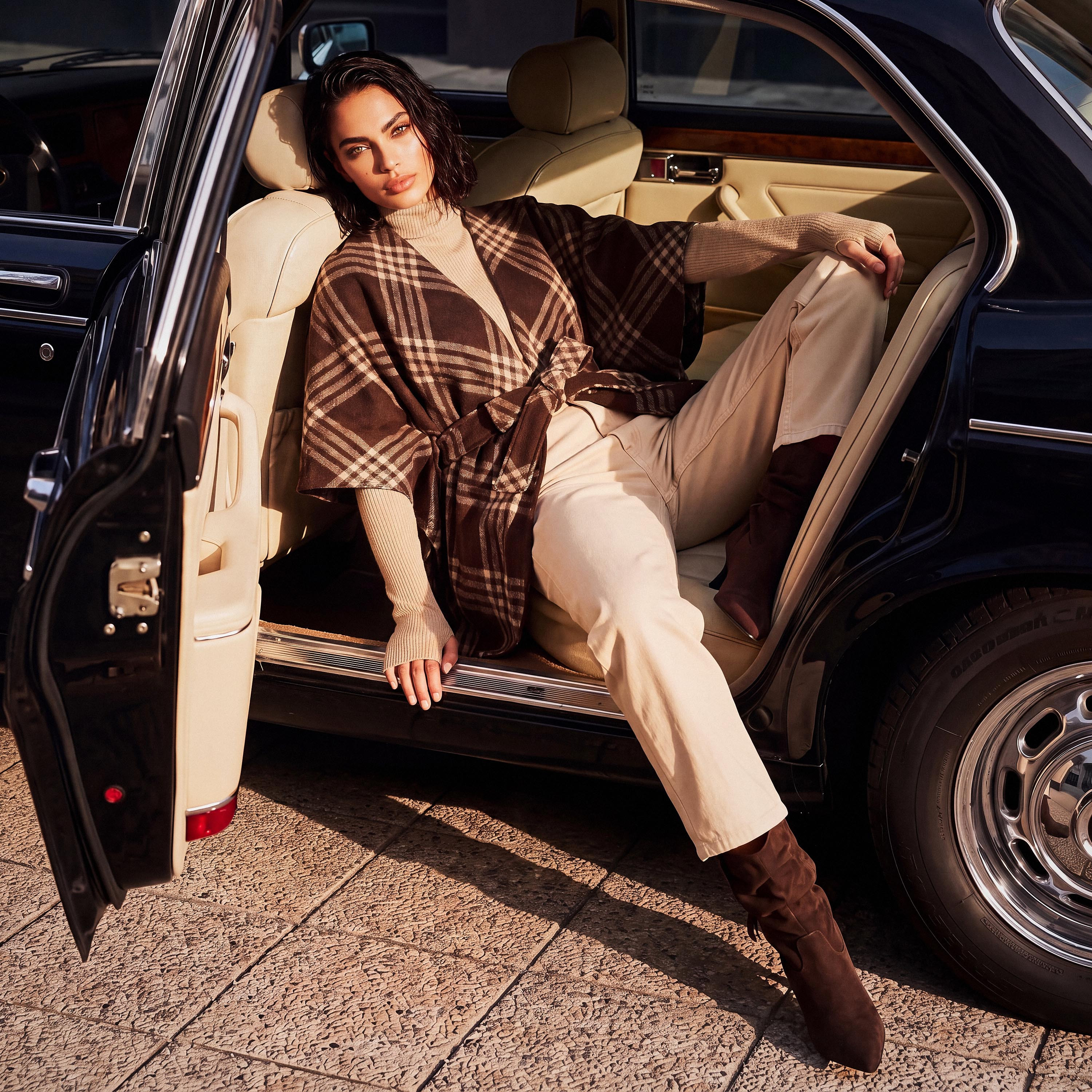 Splash Smart Relaxed Fit Checked Poncho with Tie-Up Belt-women-winterwear-cardigansandjumpers-cardigans-image-1