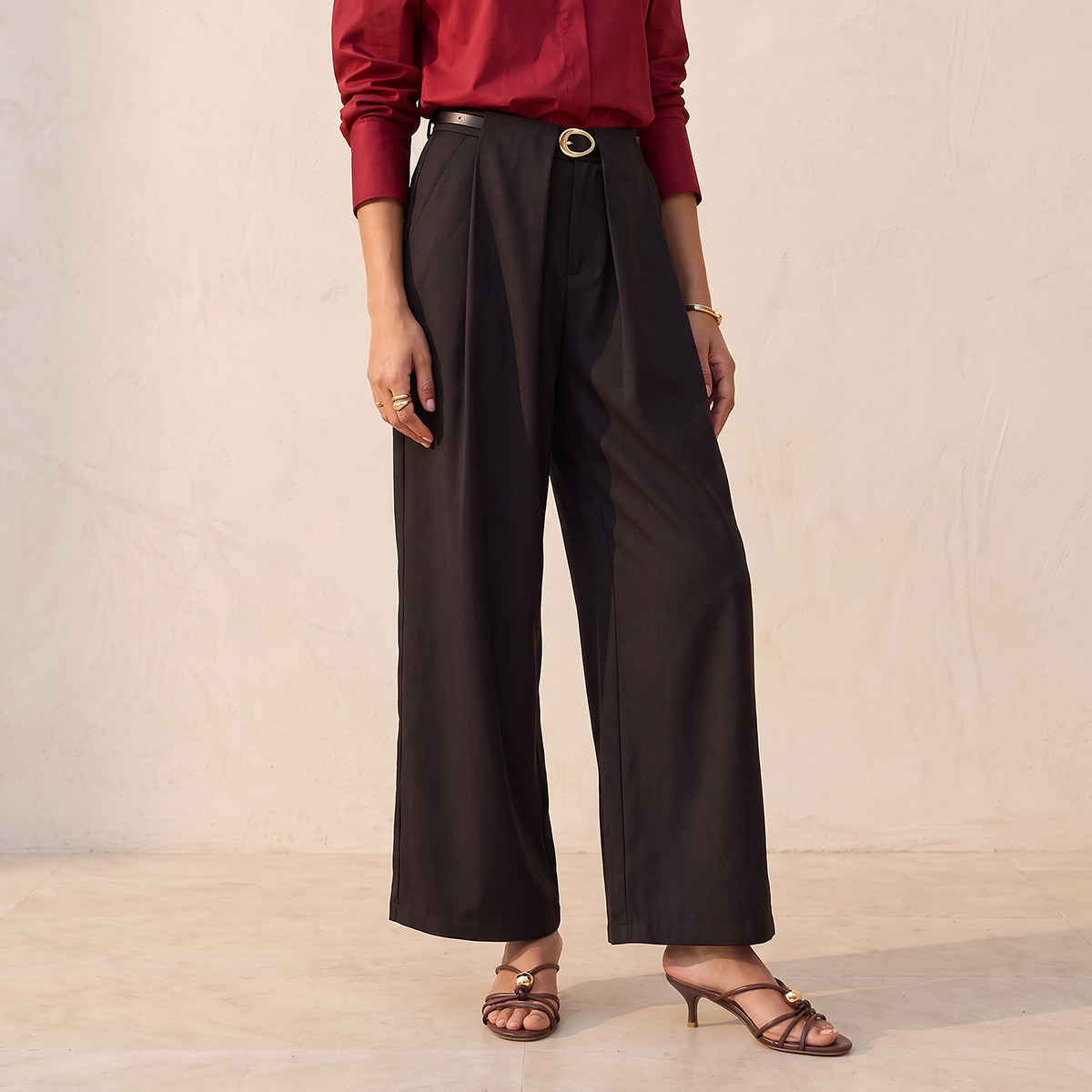 بنطلون واسع الساقين بكسرات من سمارت من سبلاش-women-clothing-trousers-image-1