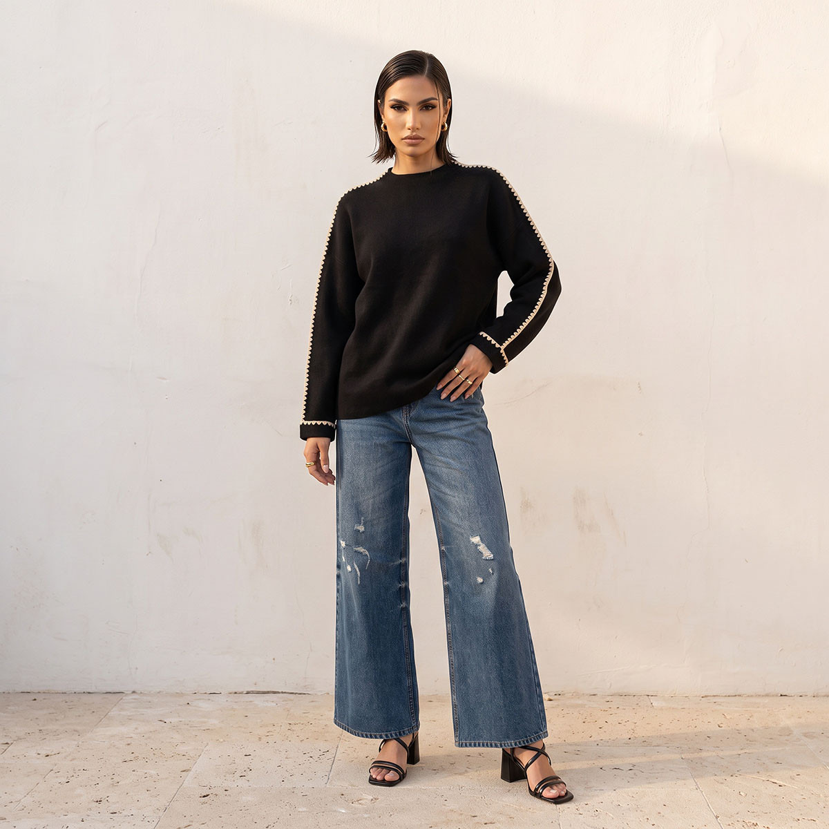 كنزة بياقة ضيقة وتفاصيل خياطة بارزة من سبلاش سمارت-women-winterwear-cardigansandjumpers-jumpers-image-3