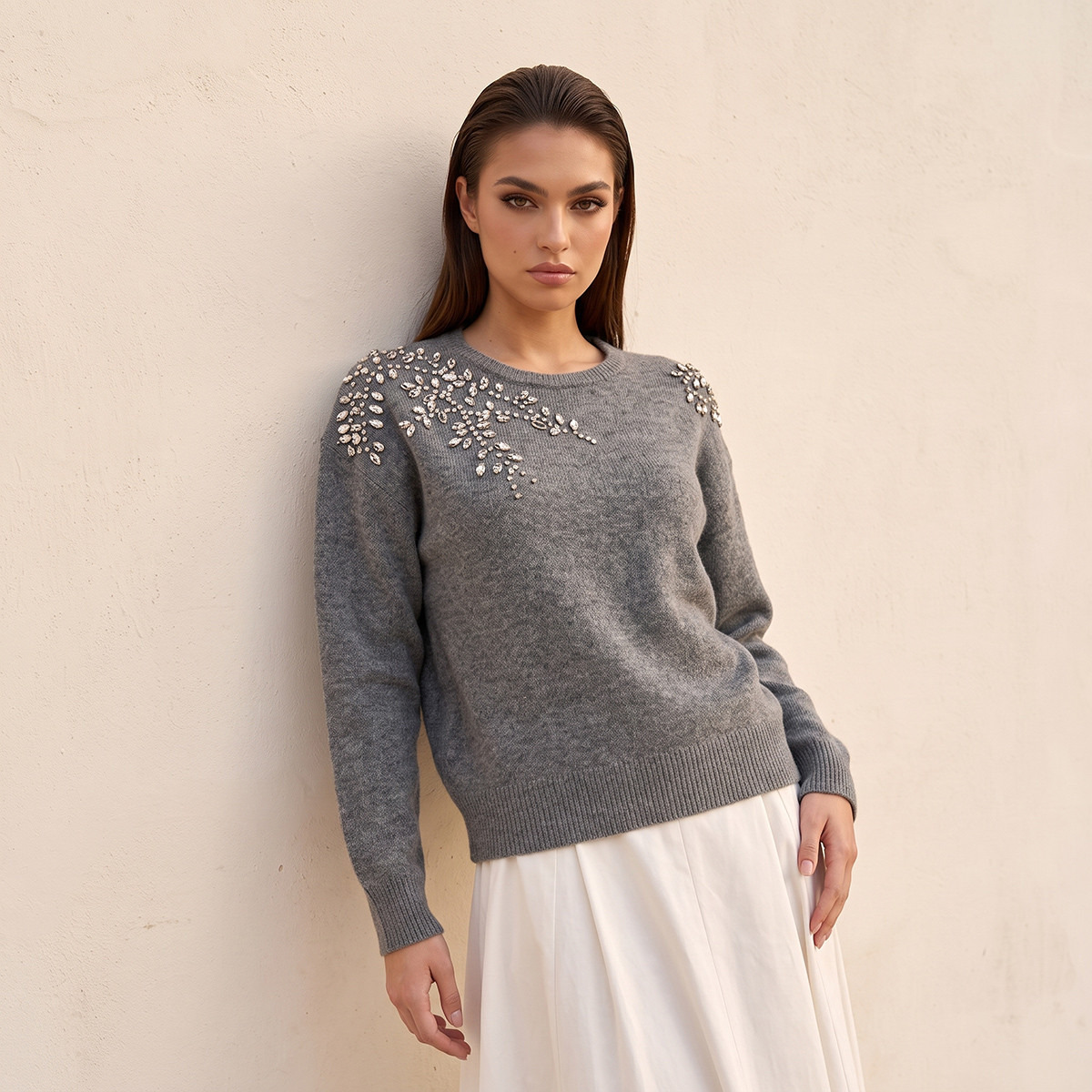 Splash Smart Relaxed Fit Embellished Round Neck Sweater-women-winterwear-cardigansandjumpers-jumpers-image-1