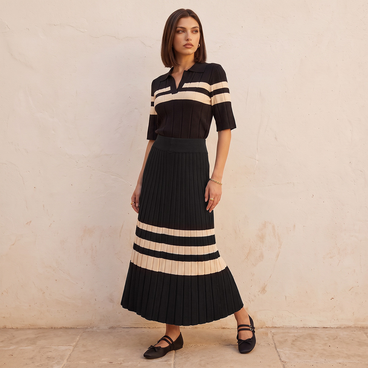 Splash Smart Pleated A-line Skirt with Ribbed Waistband-women-clothing-skirts-image-3