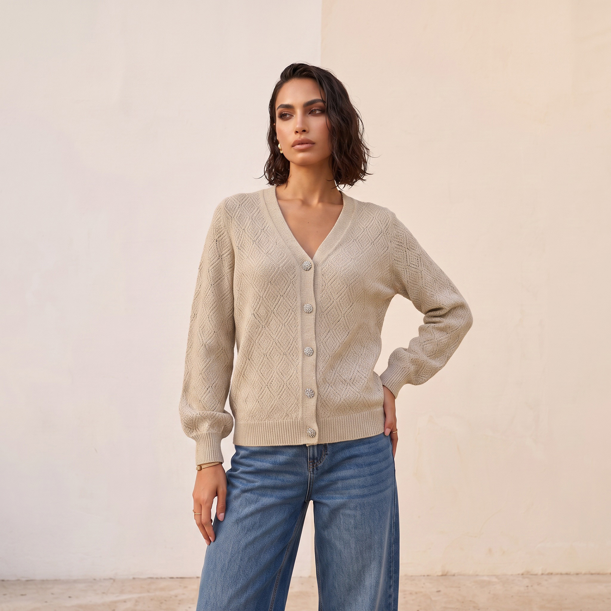 Splash Smart Relaxed Fit Lurex Cardigan with V-neck-women-winterwear-cardigansandjumpers-cardigans-image-5