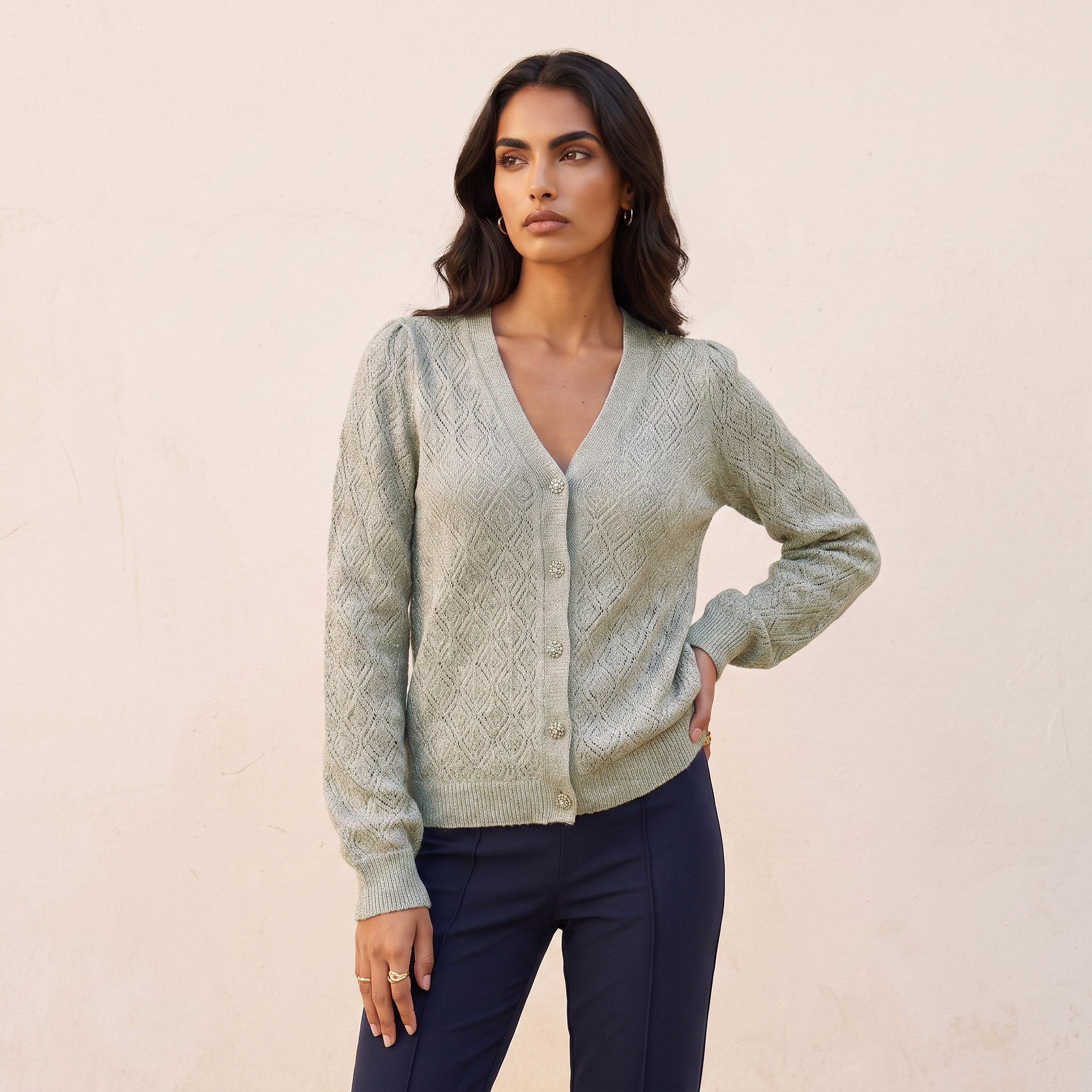 Splash Smart Relaxed Fit Lurex Cardigan with V-neck-women-winterwear-cardigansandjumpers-cardigans-image-4