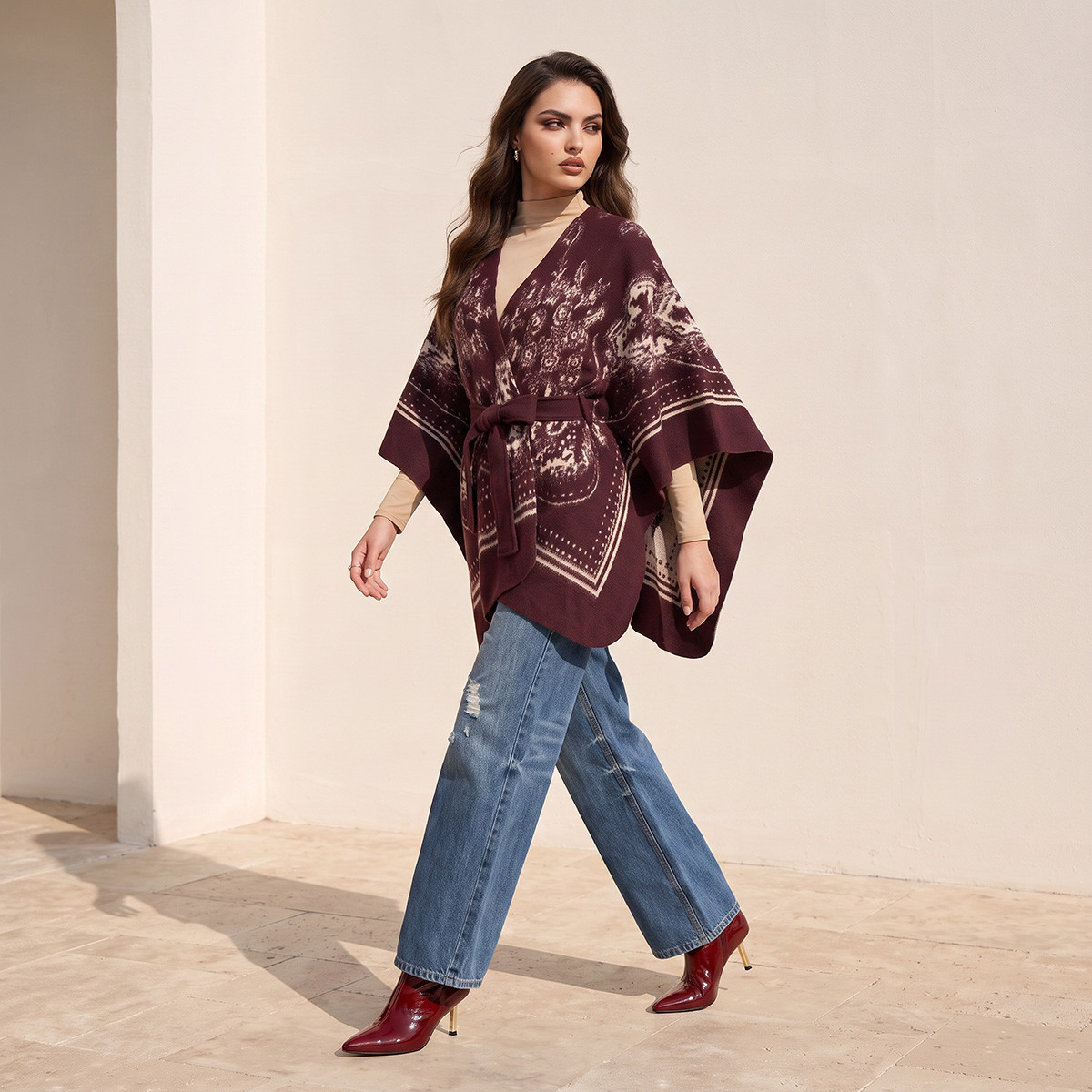 Splash Smart Relaxed Fit Printed Poncho with Tie-Up Belt-women-winterwear-cardigansandjumpers-cardigans-image-1