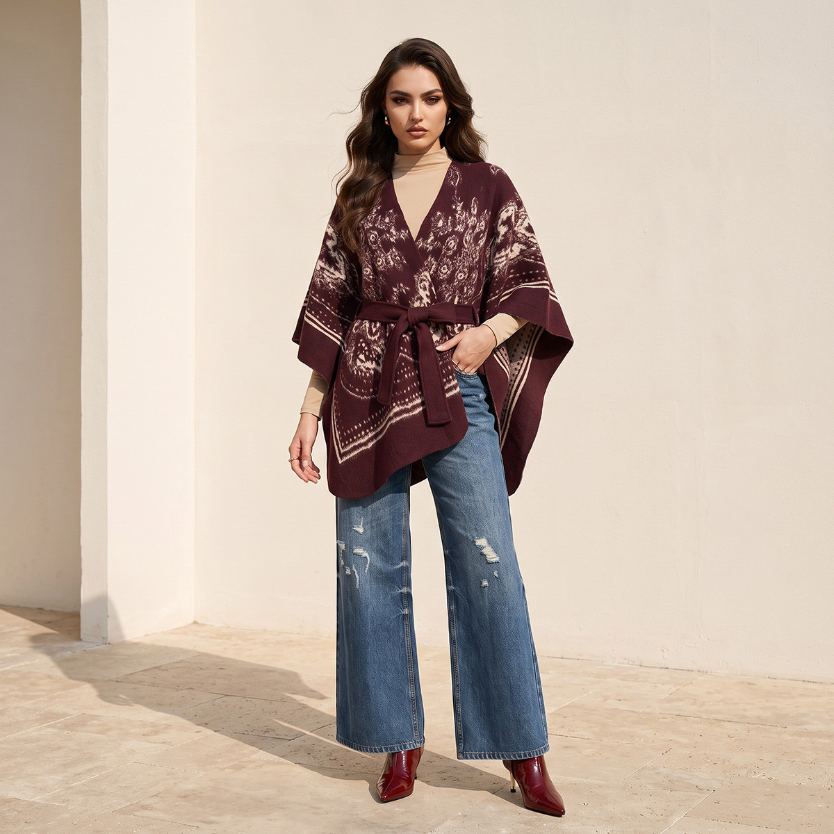 Splash Smart Relaxed Fit Printed Poncho with Tie-Up Belt-women-winterwear-cardigansandjumpers-cardigans-image-2