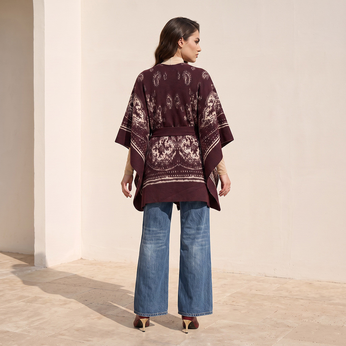 Splash Smart Relaxed Fit Printed Poncho with Tie-Up Belt-women-winterwear-cardigansandjumpers-cardigans-image-3