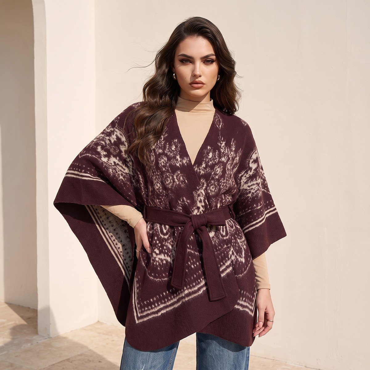 Splash Smart Relaxed Fit Printed Poncho with Tie-Up Belt-women-winterwear-cardigansandjumpers-cardigans-image-4
