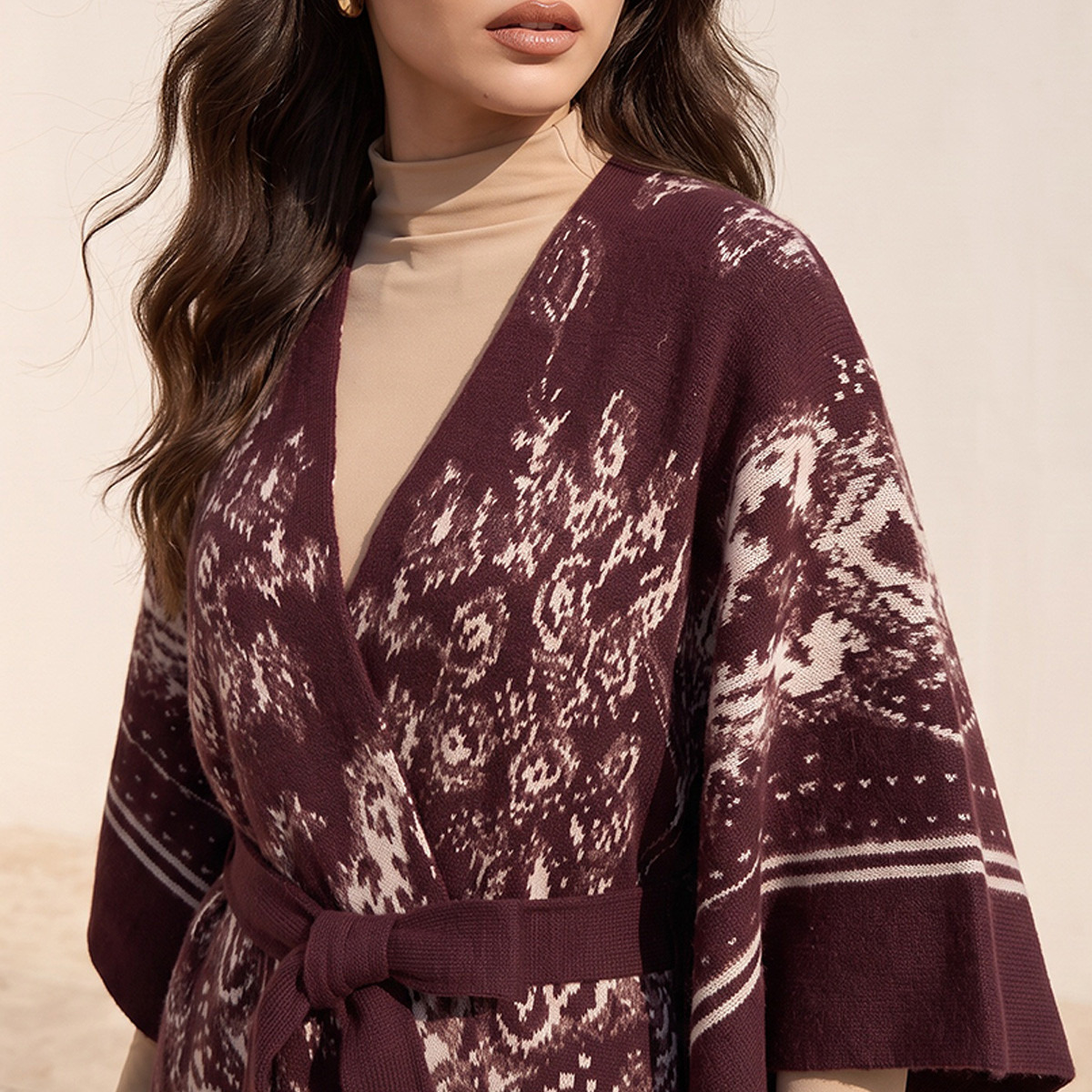 Splash Smart Relaxed Fit Printed Poncho with Tie-Up Belt-women-winterwear-cardigansandjumpers-cardigans-image-5