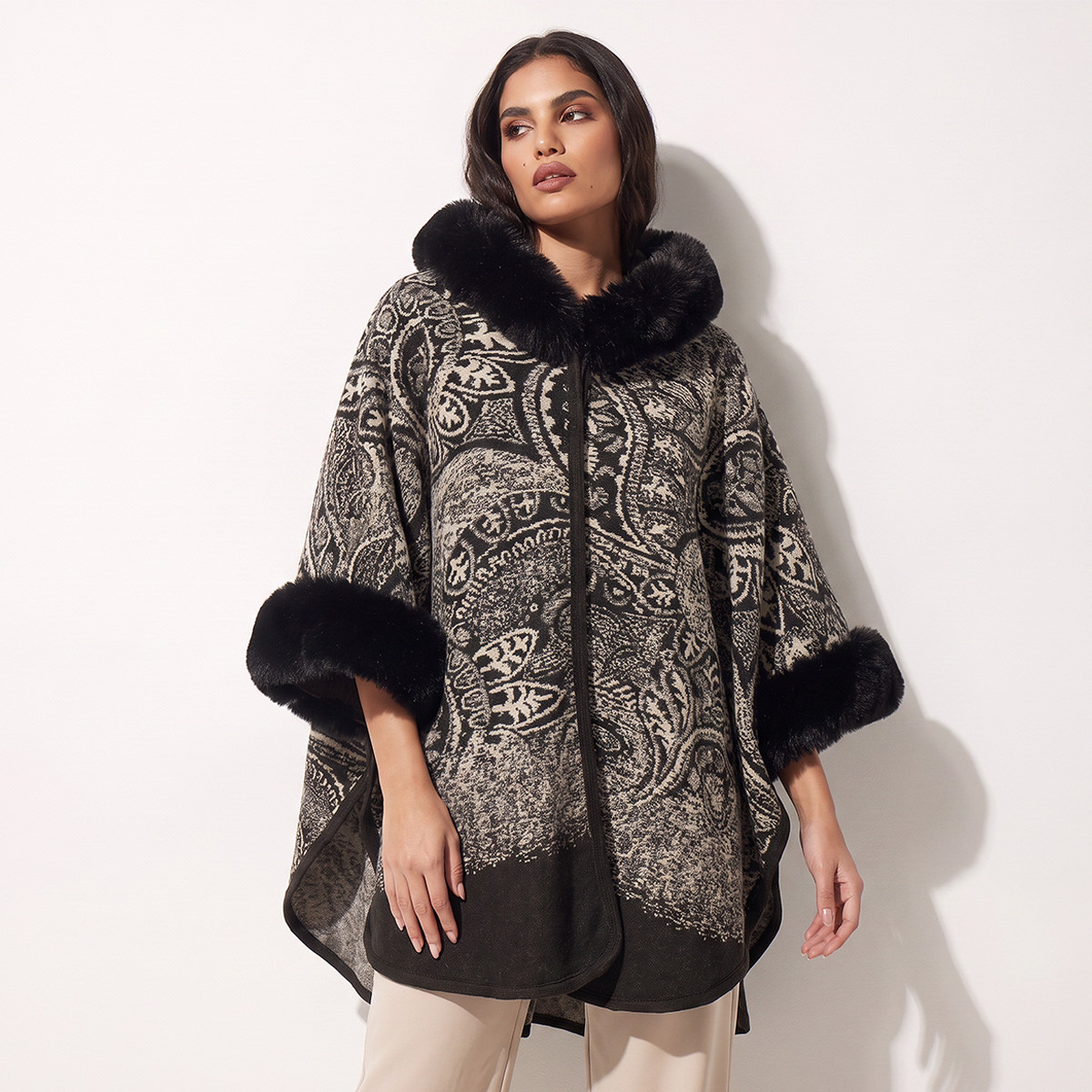 Splash Smart Relaxed Fit Paisley Print Hooded Poncho-women-winterwear-cardigansandjumpers-cardigans-image-2
