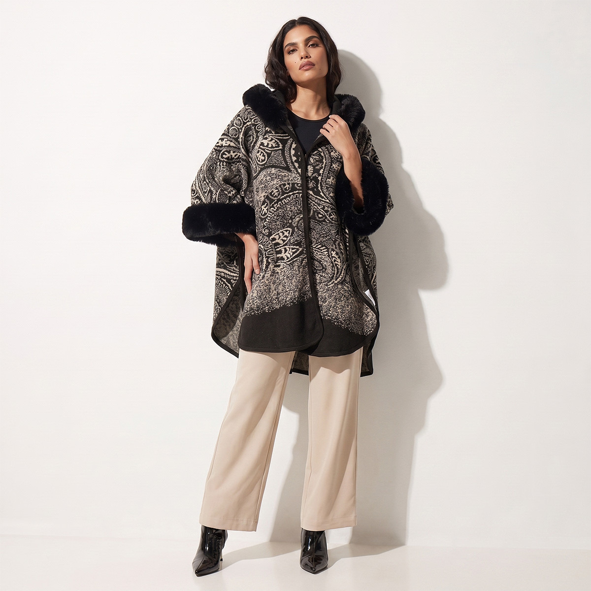 Splash Smart Relaxed Fit Paisley Print Hooded Poncho-women-winterwear-cardigansandjumpers-cardigans-image-3