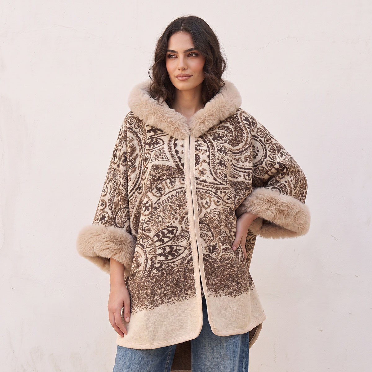 Splash Smart Relaxed Fit Paisley Print Hooded Poncho-women-winterwear-cardigansandjumpers-cardigans-image-2