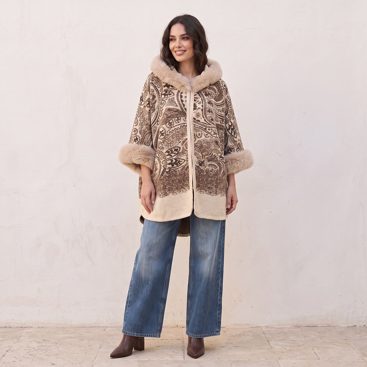 Splash Smart Relaxed Fit Paisley Print Hooded Poncho-women-winterwear-cardigansandjumpers-cardigans-image-3